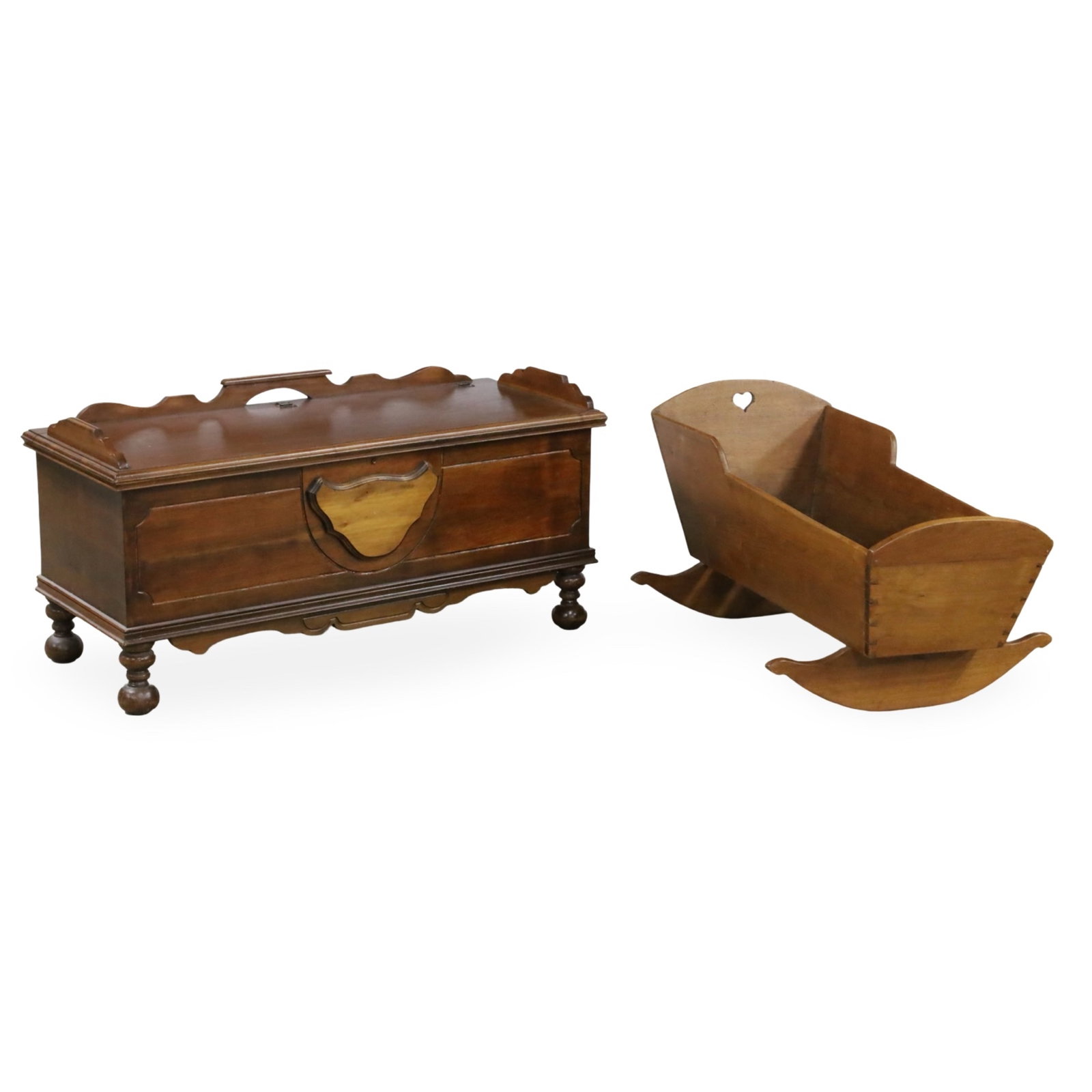 PRIMITIVE CRADLE AND CEDAR CHEST: Two piece lot of decorative furniture including a primitive rocking cradle and a cedar lined blanket chest; 21"H 48"W 20"D and 22"H 41"W 19"D