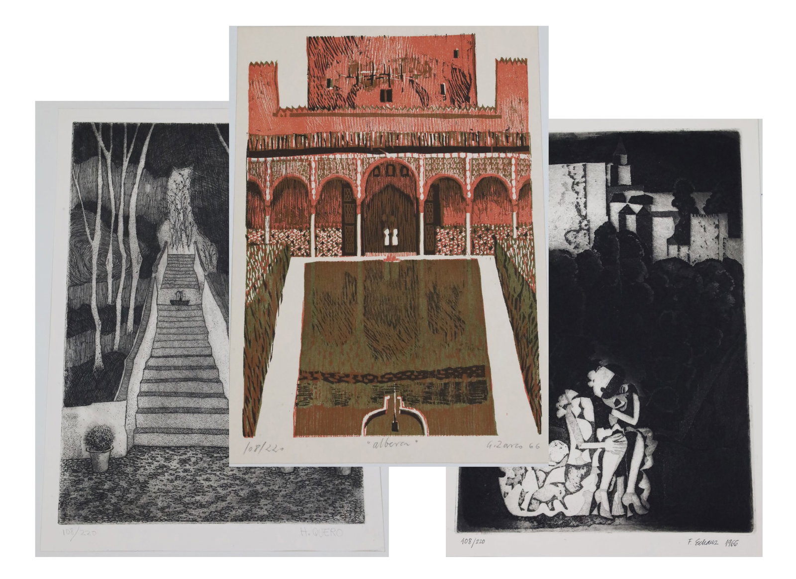 TRES GRABADOS DE GRENADA PORTFOLIO: Tres Grabados de Granada - Spanish Limited Edition Print Portfolio of 3 etchings: Francisco Echauz (Noche en la Alhambra), aquatint, Jos? Hern?ndez Quero (Escalera del Generalife), aquatint, Antonio