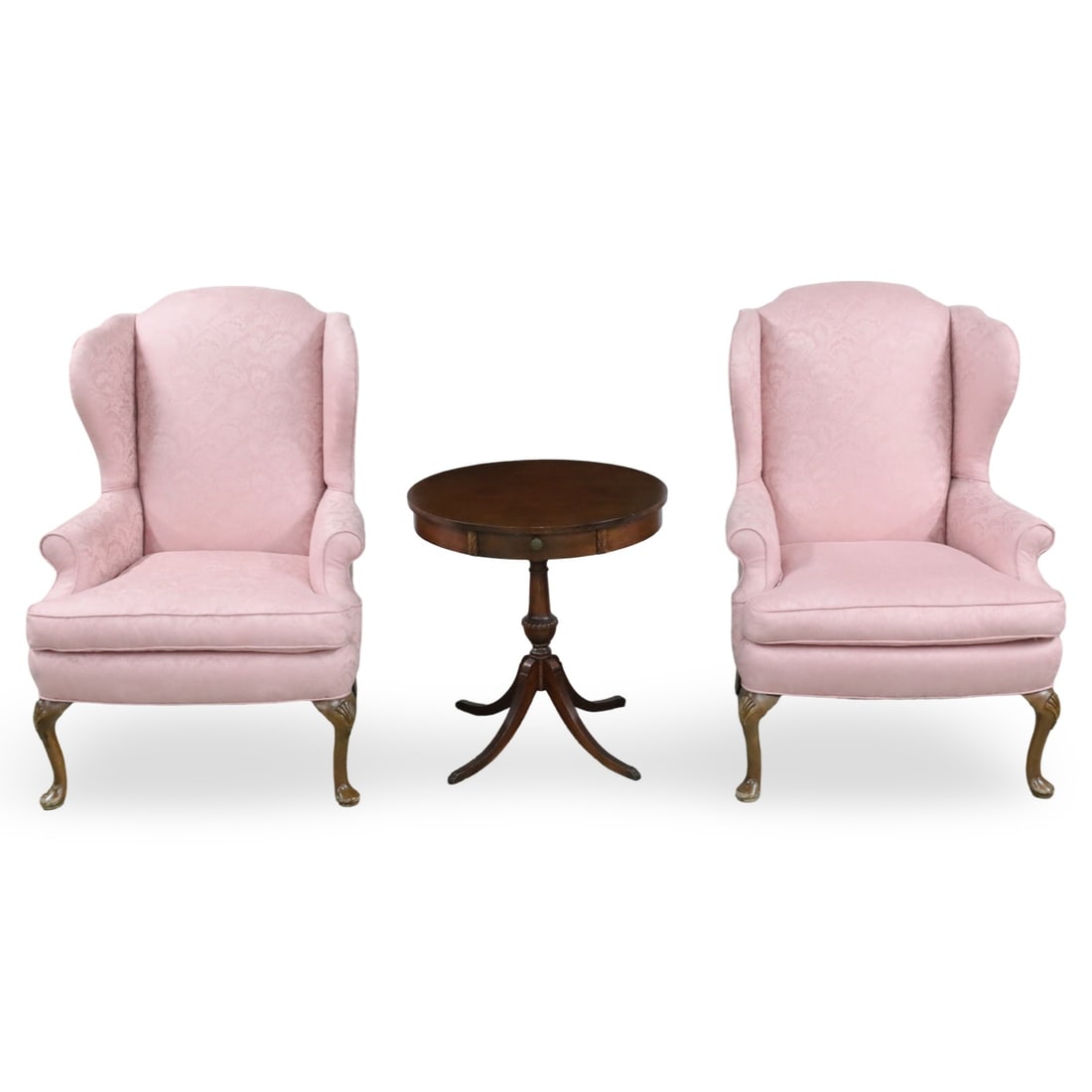 PR ENGLISH STYLE WINGBACK CHAIRS AND TABLE: Pair of Queen Anne style wingback chairs, along with a round Sheraton style occasional table, early to mid 20th century; pair 45"H 30"W 26"D table 26.5"H 25"Dia