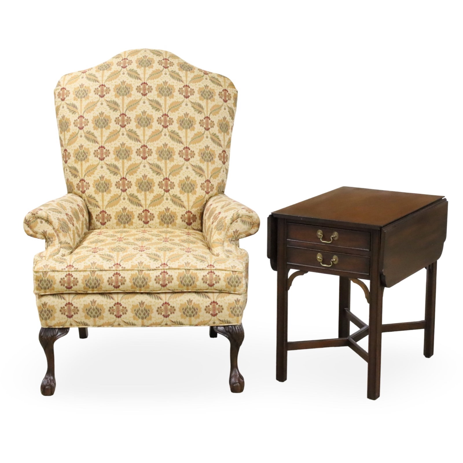 CHIPPENDALE STYLE ARMCHAIR AND PEMBROKE TABLE: Chippendale style upholstered armchair, along with a mahogany two drawer pembroke table, Virginia Galleries by Henkel Harris, 20th century; chair 47.5"H 35"W 23"D table 26.5"H 19"W 25"D