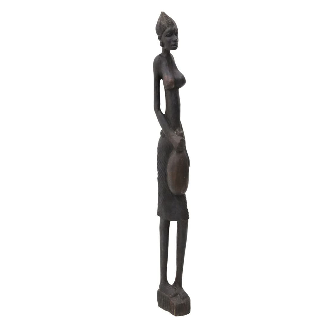 AFRICAN CARVED WOOD TOTEM OF A WOMAN: Large African carved wood totem of woman carrying water, likely Yoruba people, Nigeria, early to mid 20th century; 48"H; Provenance: Estate of Clara Juanita "Vicki" Jones of Cosby, Tennessee, Epidemio
