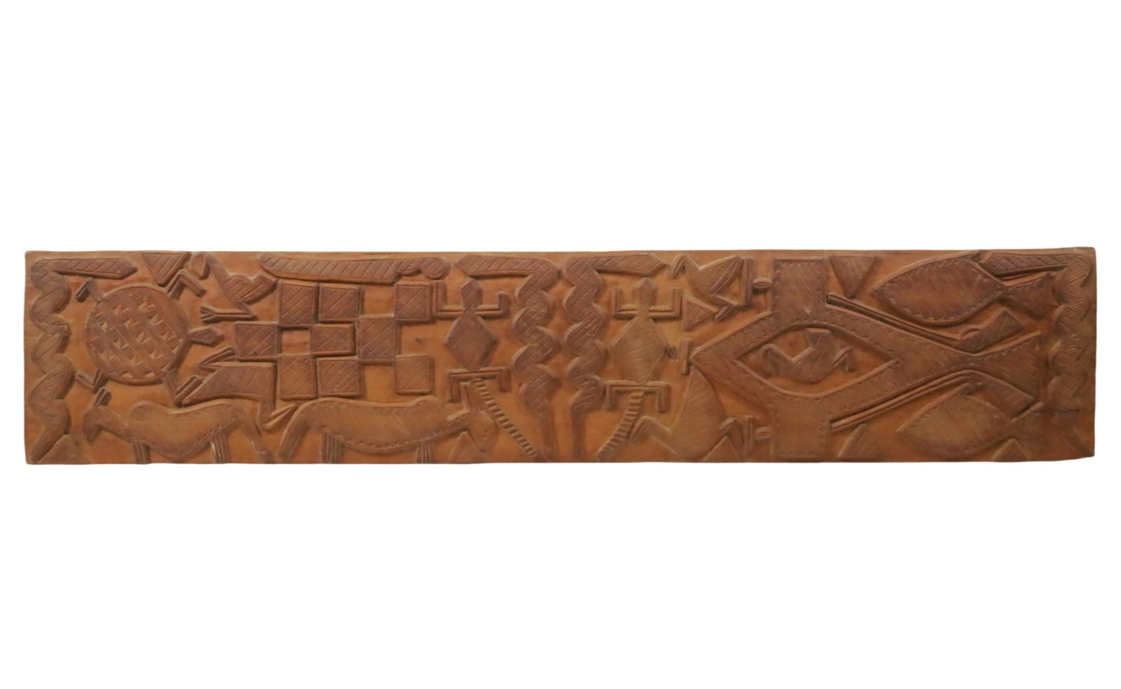 LARGE NUPE CARVED WOOD PANEL: Wall length Nupe carved wood panel depicting stylized animals, including turtles, fish, snakes, birds, and antelope, Nigeria, mid 20th century; 19"H 92"L; Provenance: Estate of Clara Juanita "Vicki" J