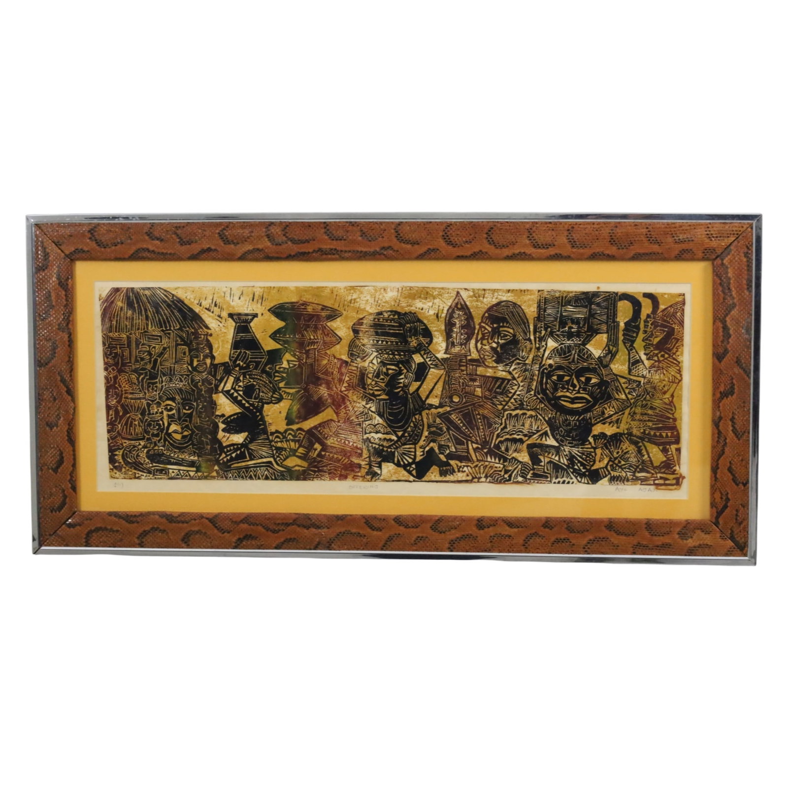 AYO AJAI (NIGERIA, B. 1936): Ayo Ajai (Nigeria, b. 1936) Oshogbo School serigraph or screenprint titled "Offering" depicting tribal figures carrying pottery, weapons, and other offerings, signed, lower right margin and titled to 
