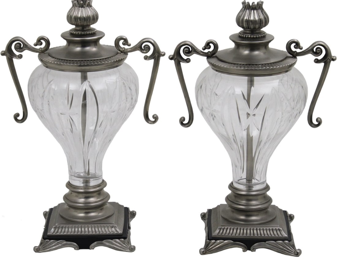 PAIR OF CUT CRYSTAL LAMPS: Pair of contemporary cut cut crystal lamps, late 20th century, shades available; 32"H overall