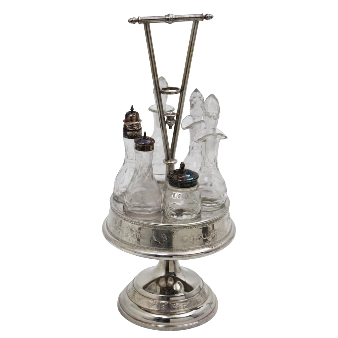 REED & BARTON SILVER PLATE CONDIMENT CRUET: Silver plate condiment cruet, marked Reed and Barton on reverse; 18"H 8"W 6" base; Condition: chips observed to cut glass cruets