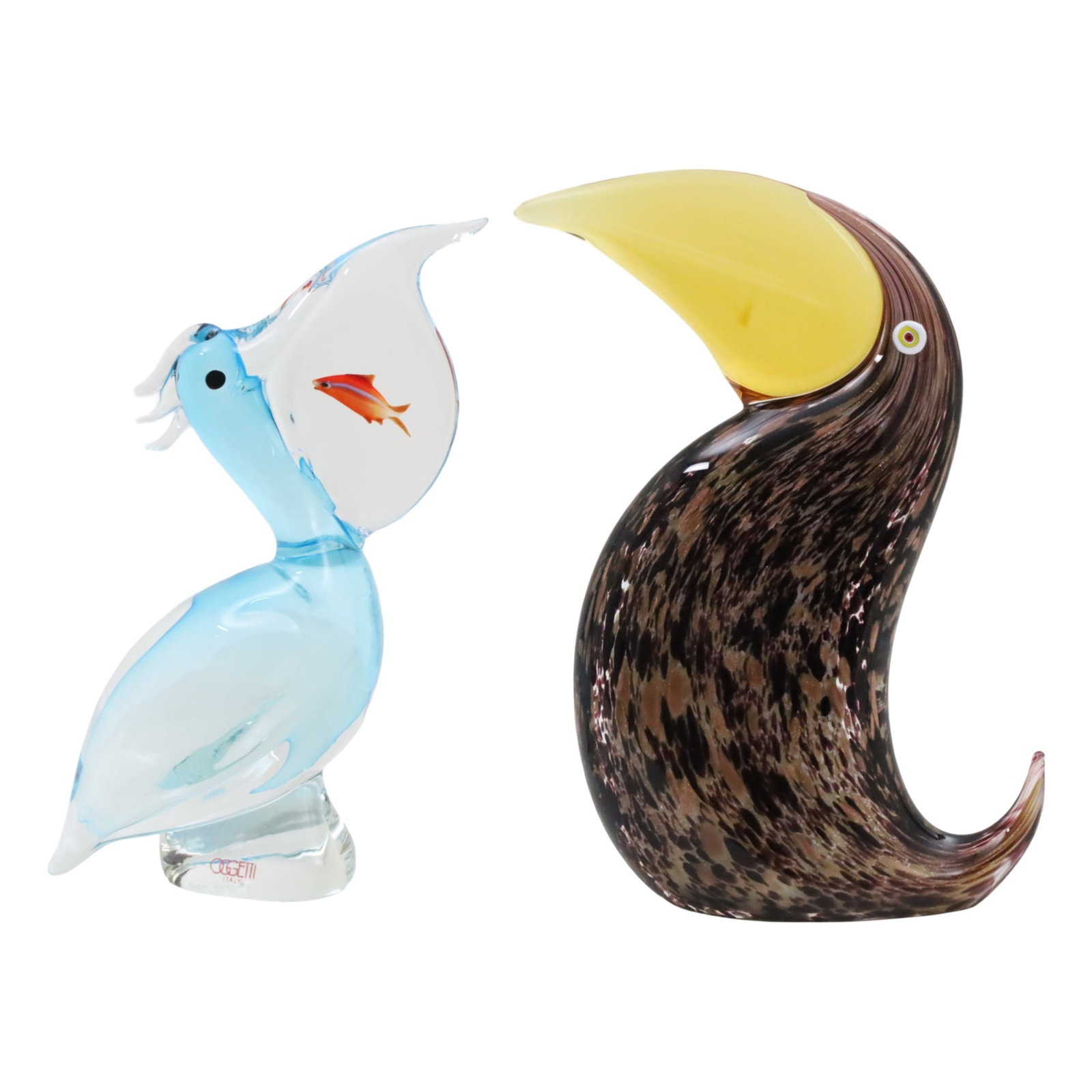 TWO MURANO ITALIAN ART GLASS BIRDS: Two Murano Italian art glass birds, one a pelican by Oggetti, signed Elio Raffaelli on reverse, the other a toucan by Formia, 20th century; 11"H and 12"h