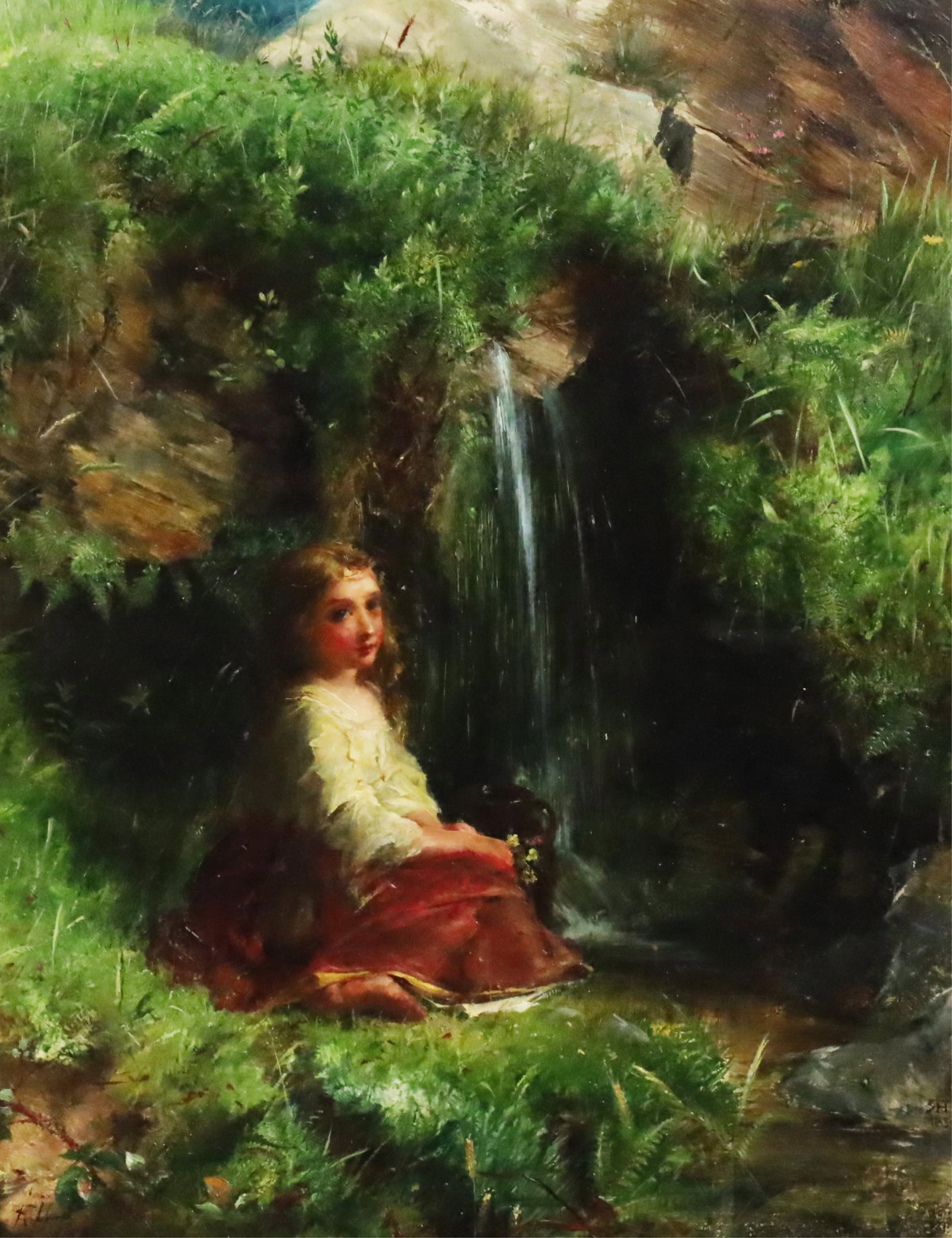 ROBERT HERDMAN, RSA RSW (SCOTTISH, 1829-1888): Robert HERDMAN RSA RSW (Scottish 1829 - 1888) Oil on panel portrait of young girl seated beside waterfall, mounted in Period gilt frame with plate. Signed lower left, initial date 185? center right.