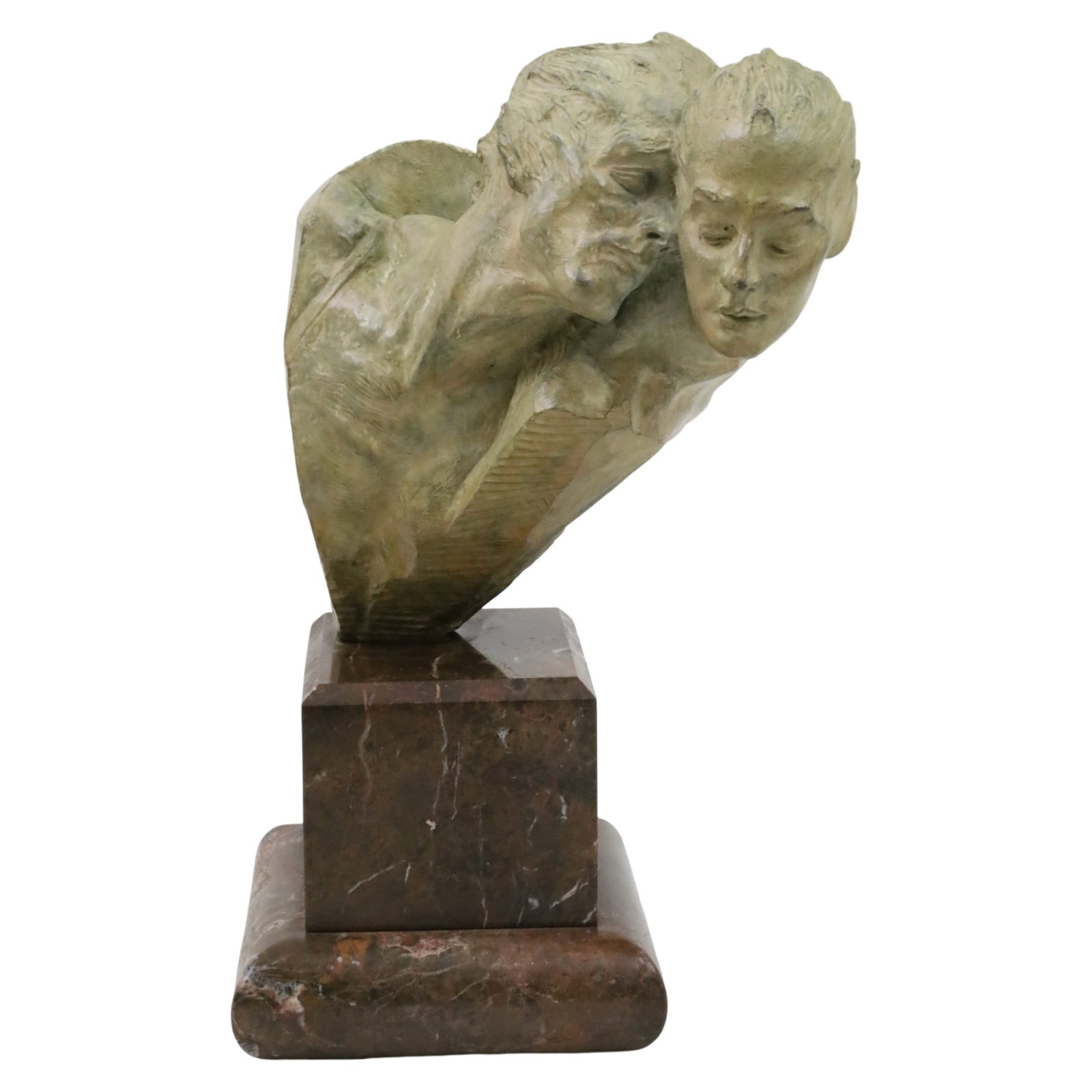 DOVES OF PEACE, RICHARD MACDONALD: Scarce contemporary bronze sculptural bust of two intertwined lovers, resting on stepped rouge marble plinth, titled "Doves of Peace" by Richard MacDonald, 2001 limited edition number 17 of 90