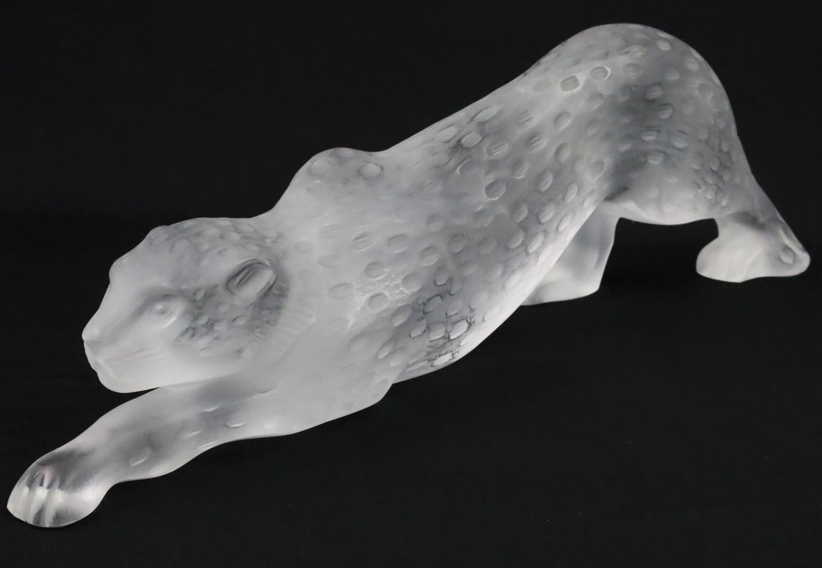 CRYSTAL SCULPTURE OF PANTHER, ZEILA BY LALIQUE: A cut and frosted crystal sculpture of a crouching panther, titled Zeila by Lalique, acid etched on foot verso Lalique France P0022; 4.5"H 14.5"L