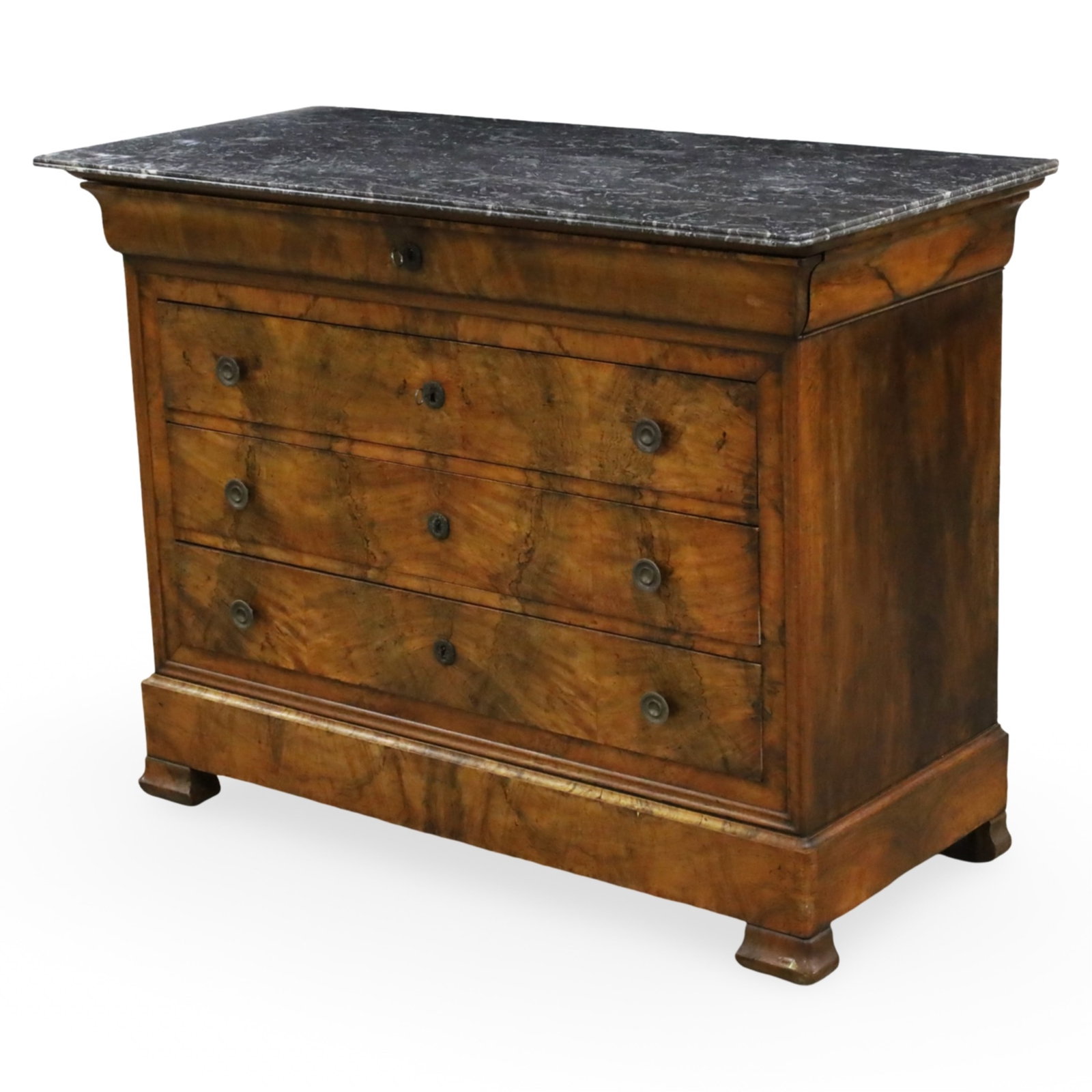 LOUIS PHILIPPE WALNUT COMMODE: Louis Philippe commode or chest of drawers having a variegated marble top, the case with burl walnut having a blind frieze drawer above three additional drawers, late 19th century; 38.5"H 52"W 23."D