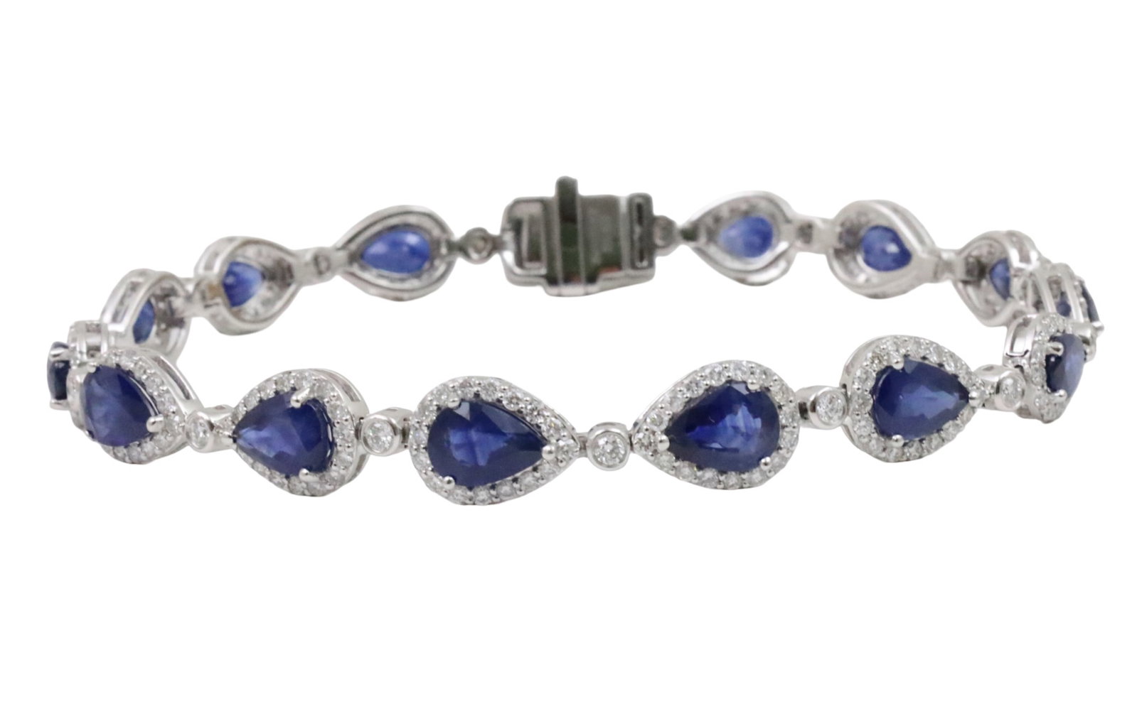 PLATINUM SAPHIRE AND DIAMOND BRACELET: Platinum sapphire and diamond bracelet having 8.60cts of pear shaped natural sapphires and 2.23cts of round brilliant cut diamonds. gross weight 15.8grams. Please see all photos and appraisal. Note: