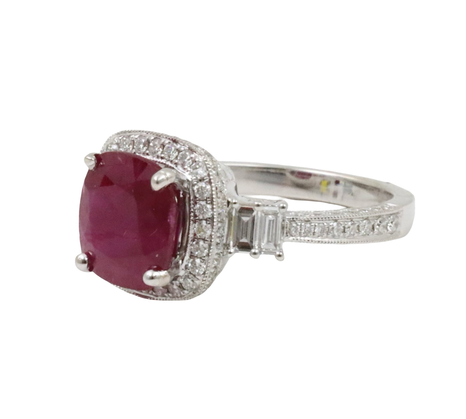 18K BURMESE RUBY AND DIAMOND RING,GIA: 18k white gold ring with GIA natural cushion cut 3.09ct Burmese ruby and .82cts of round VS1-VS2 diamonds. size 6.5. gross wieght 6.4. Please see all photos, appraisal, and GIA2233906539. Note: this