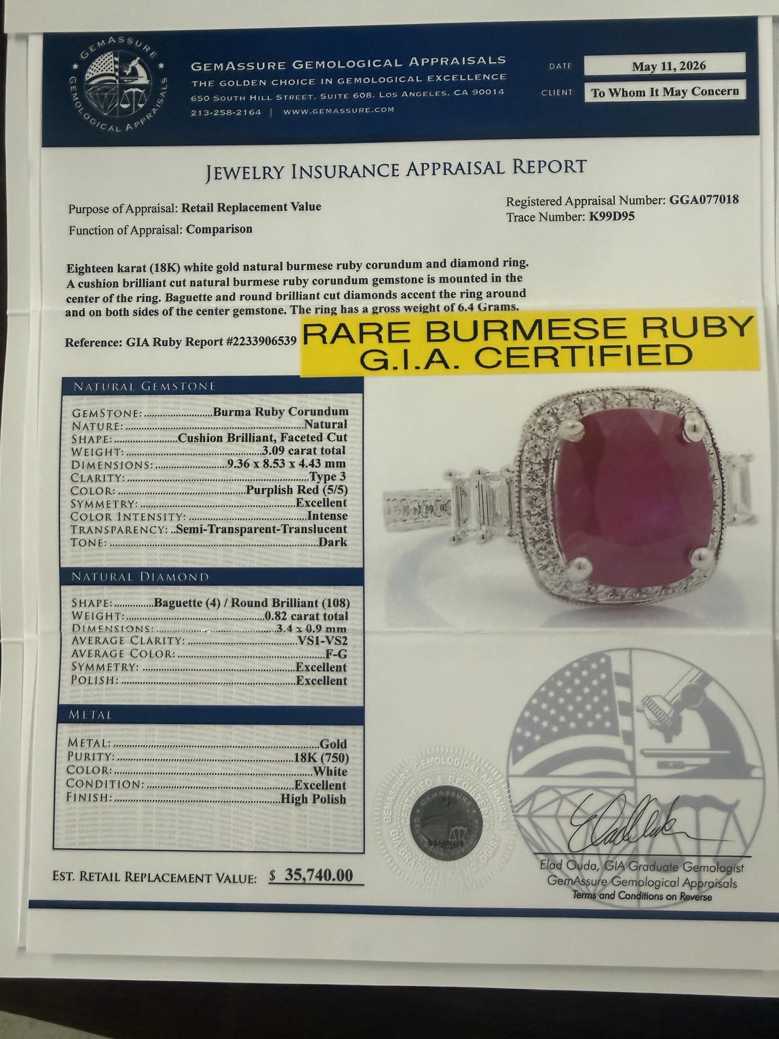 18K BURMESE RUBY AND DIAMOND RING,GIA - 9