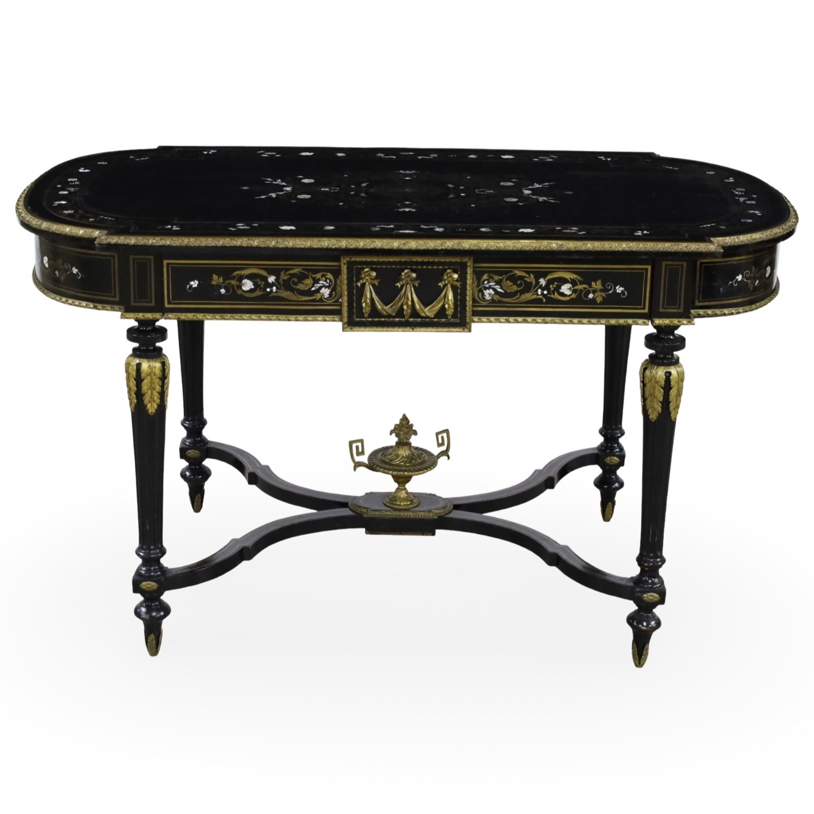 NAPOLEAN III STYLE INLAID SALON TABLE: Napolean III style ebonized and inlaid salon table, bronze mounted and stretcher with urn, 19th century; 31"H 54"W 29"D