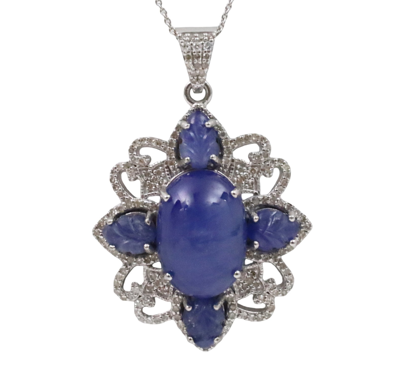 PLATINUM GIA SAPPHIRE AND DIAMOND PENDANT: Platinum natural blue unheated sapphire pendant on chain with 19.71cts of GIA sapphires surrounded by .81cts of VS1-VS2 diamonds. total weight is 16.5grams. Please see all photos, appraisal, and