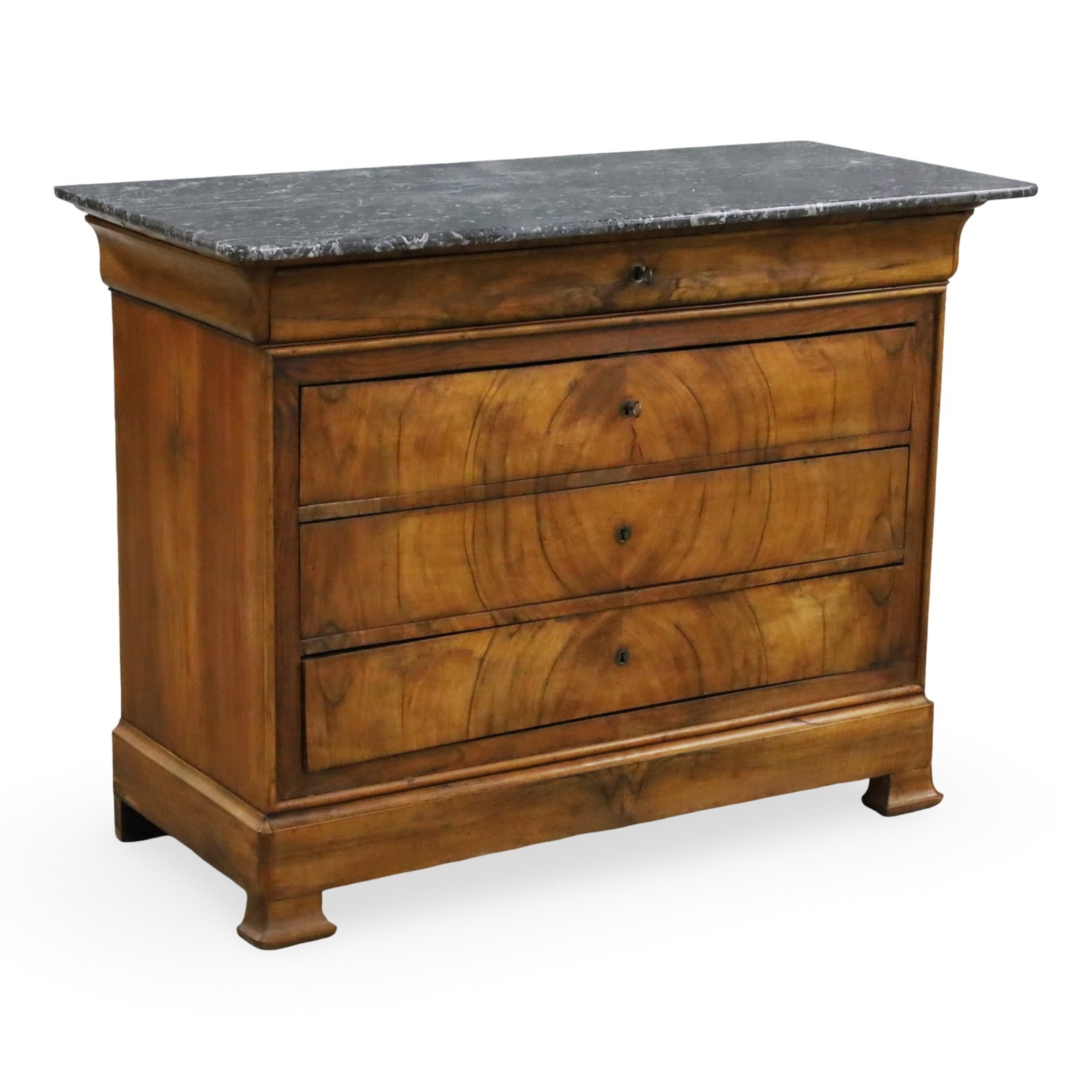 LOUIS PHILIPPE WALNUT COMMODE: Louis Philippe marble top commode, the walnut case having blind frieze drawer above three additional drawers; 39"H 51"W 23"D