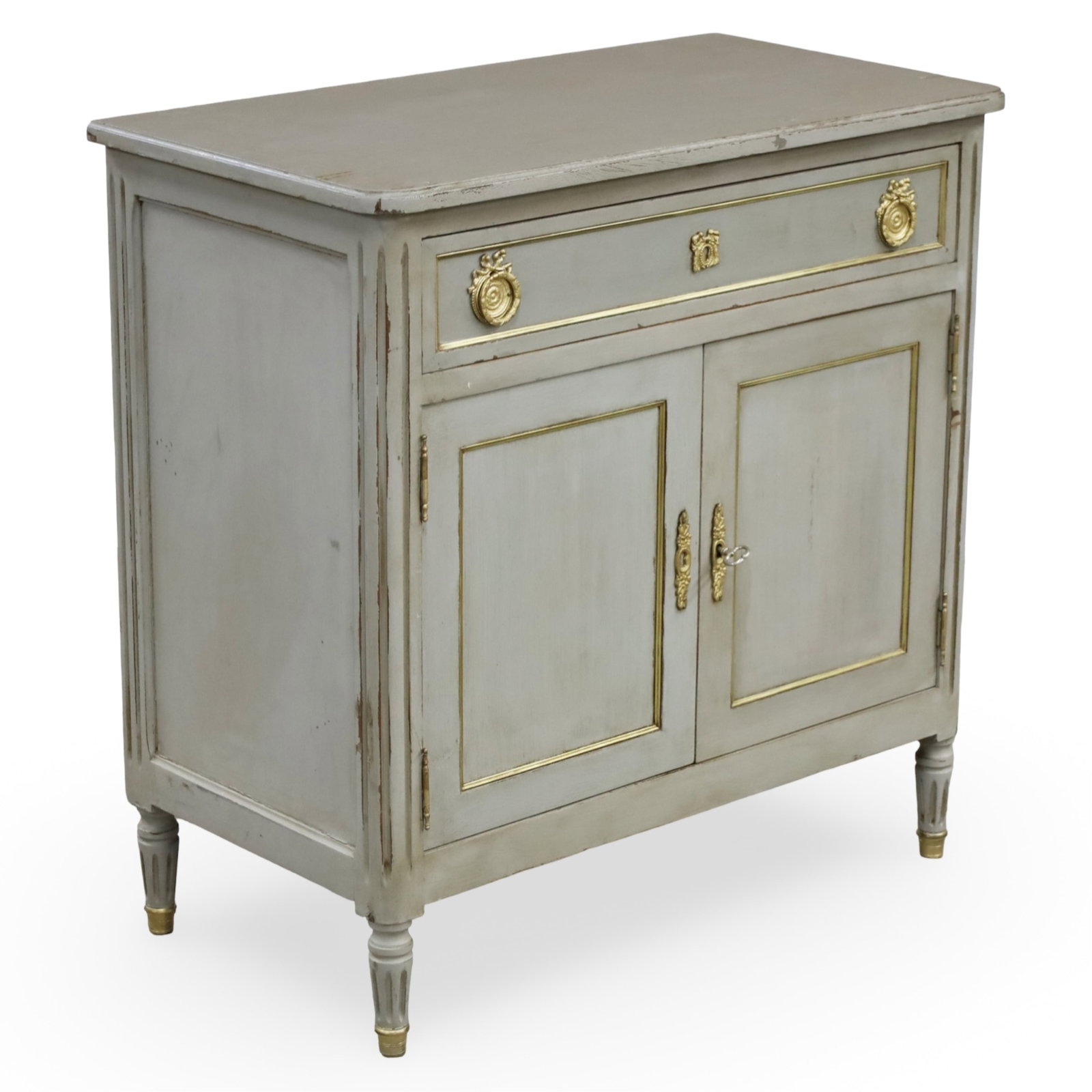 LOUIS XVI STYLE BUFFET: Louis XVI style buffet, the oak case painted with distressed fine and gilt trimmed drawer and doors; 35"H 34.5"W 18.5"D