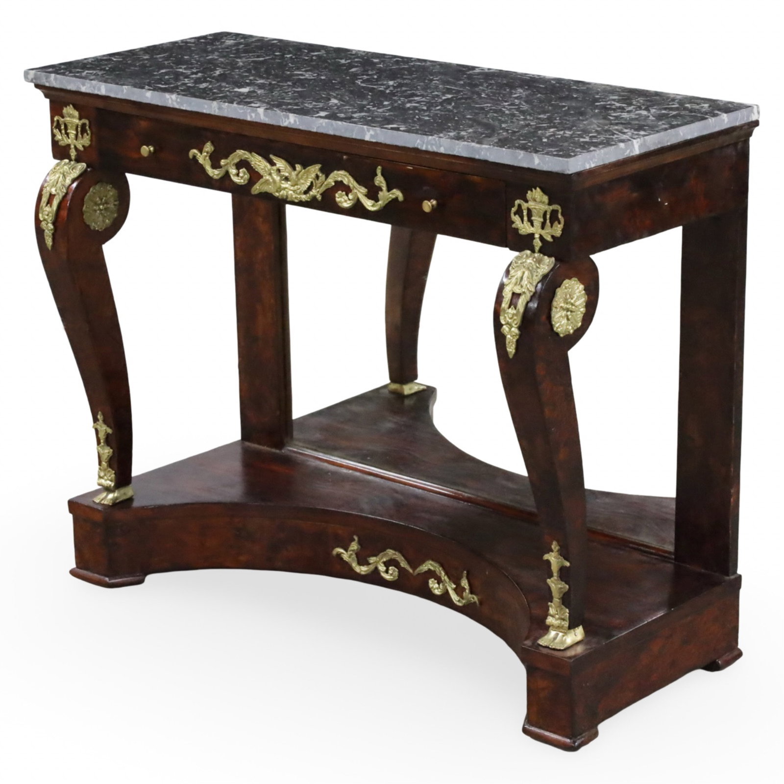 FRENCH EMPIRE STYLE MARBLE TOP CONSOLE: French Empire style bronze mounted console having a grey marble top with single frieze drawer, raised on cabriole legs with mirror back lower gallery; 33"H 41"W 17"D