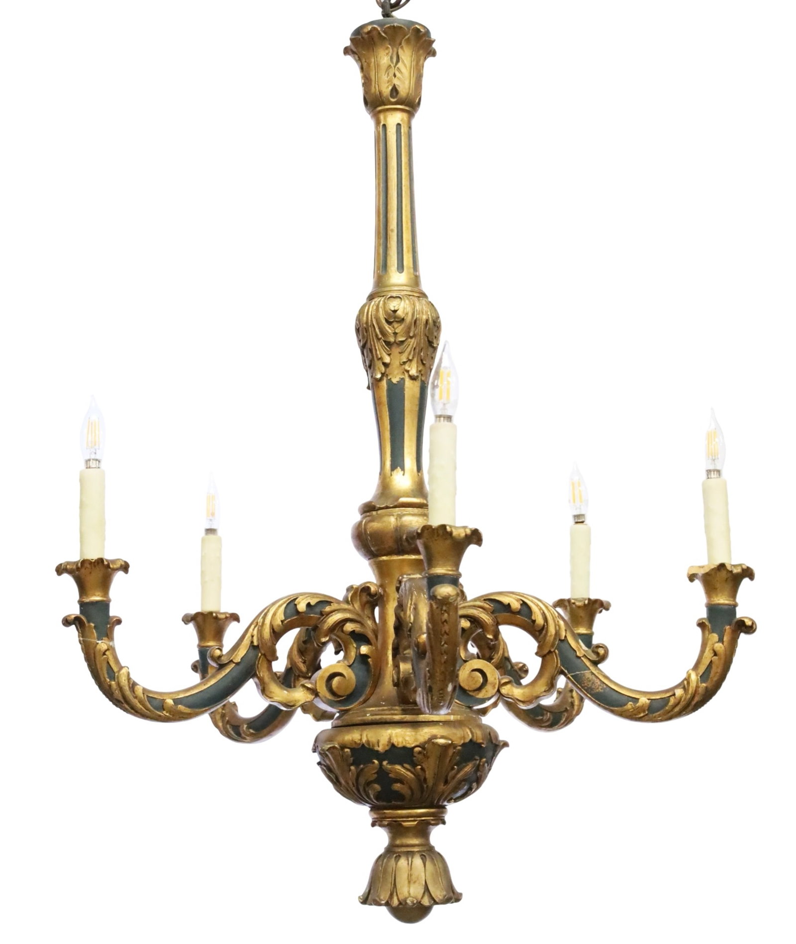 LOUIS XV STYLE POLYCHROME AND GILTWOOD CHANDELIER: Louis XV style polychrome and giltwood chandelier, the foliated reed column supporting five scroll arms, late 19th/early 20th century; 44"H 32"W