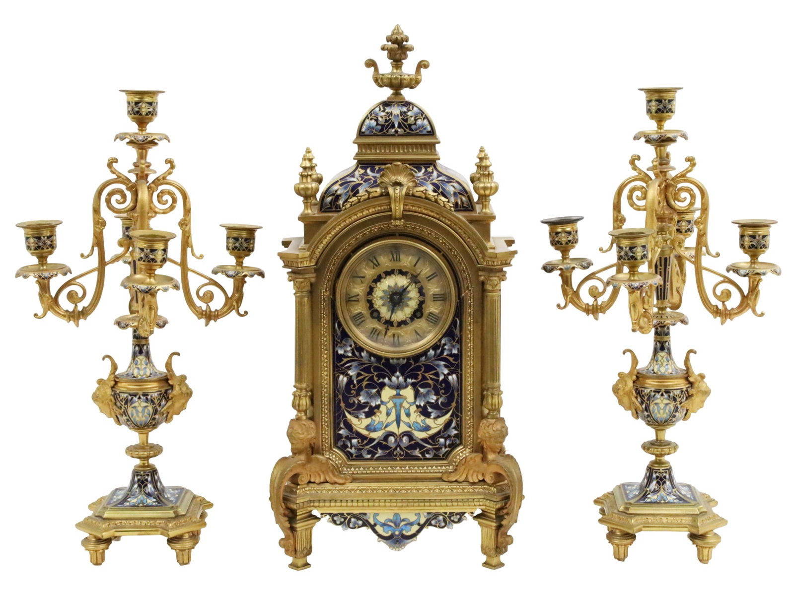FRENCH GILT BRONZE AND CHAMPLEVE CLOCK GARNITURE (1 of 7)
