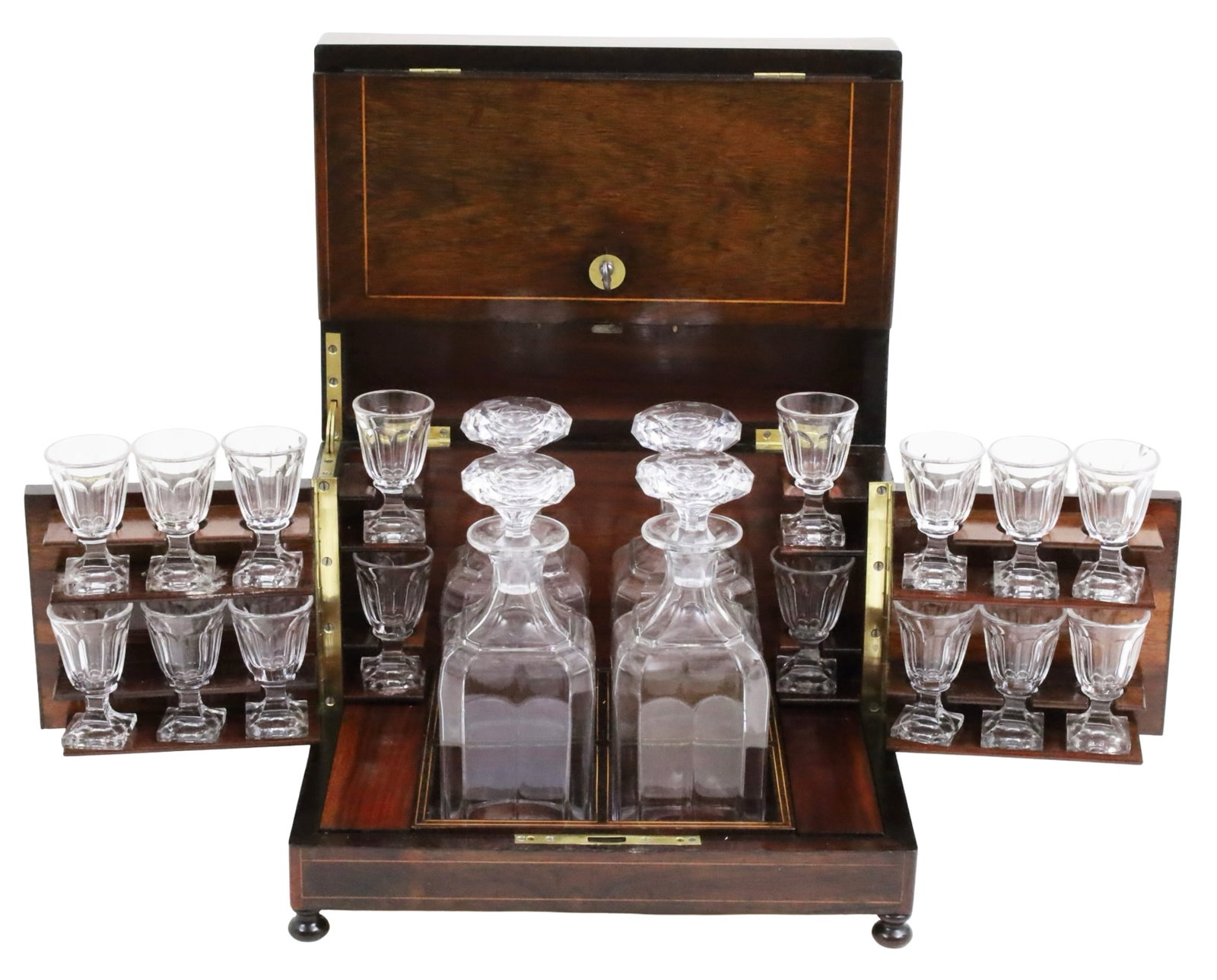 FRENCH INLAID MAHOGANY TANTALUS: French mahogany tantalus or liquor box, the case top inlaid with Rococo style satinwood inlay, opening to reveal four glass decanters and 16 cordials, along with two blind storage compartments; 9.5"H