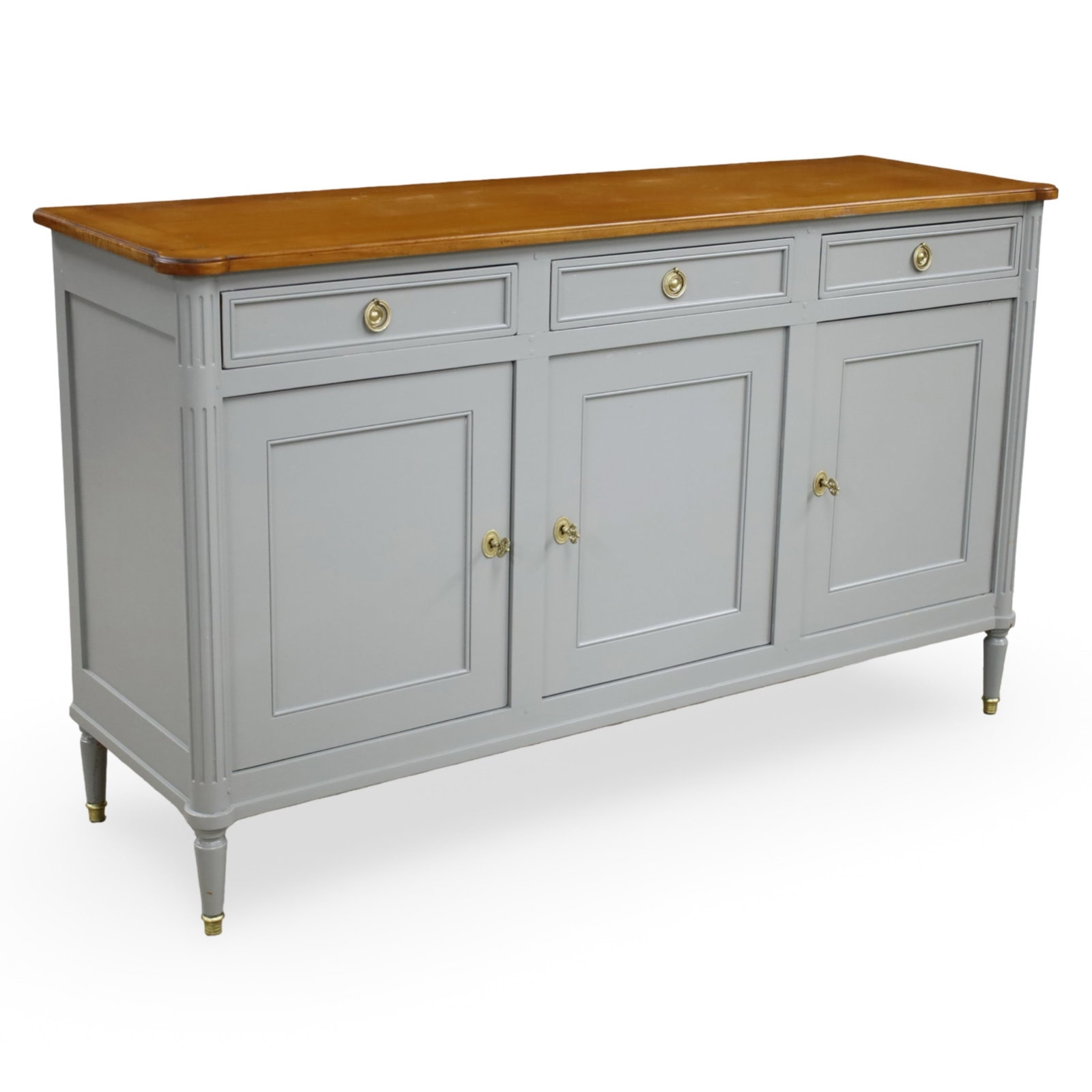 LOUIS XVI STYLE CHERRYWOD ENFILADE: Louis XVI style cherrywood enfilade, having a finished top, the painted case with fluted column supports, housing triple drawers and cabinets, raised on tapered legs; 41"H 68"W 21"D