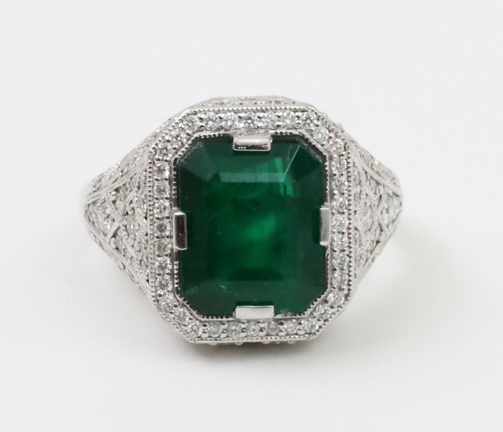 PLATINUM EMERALD AND DIAMOND RING, GIA - 3