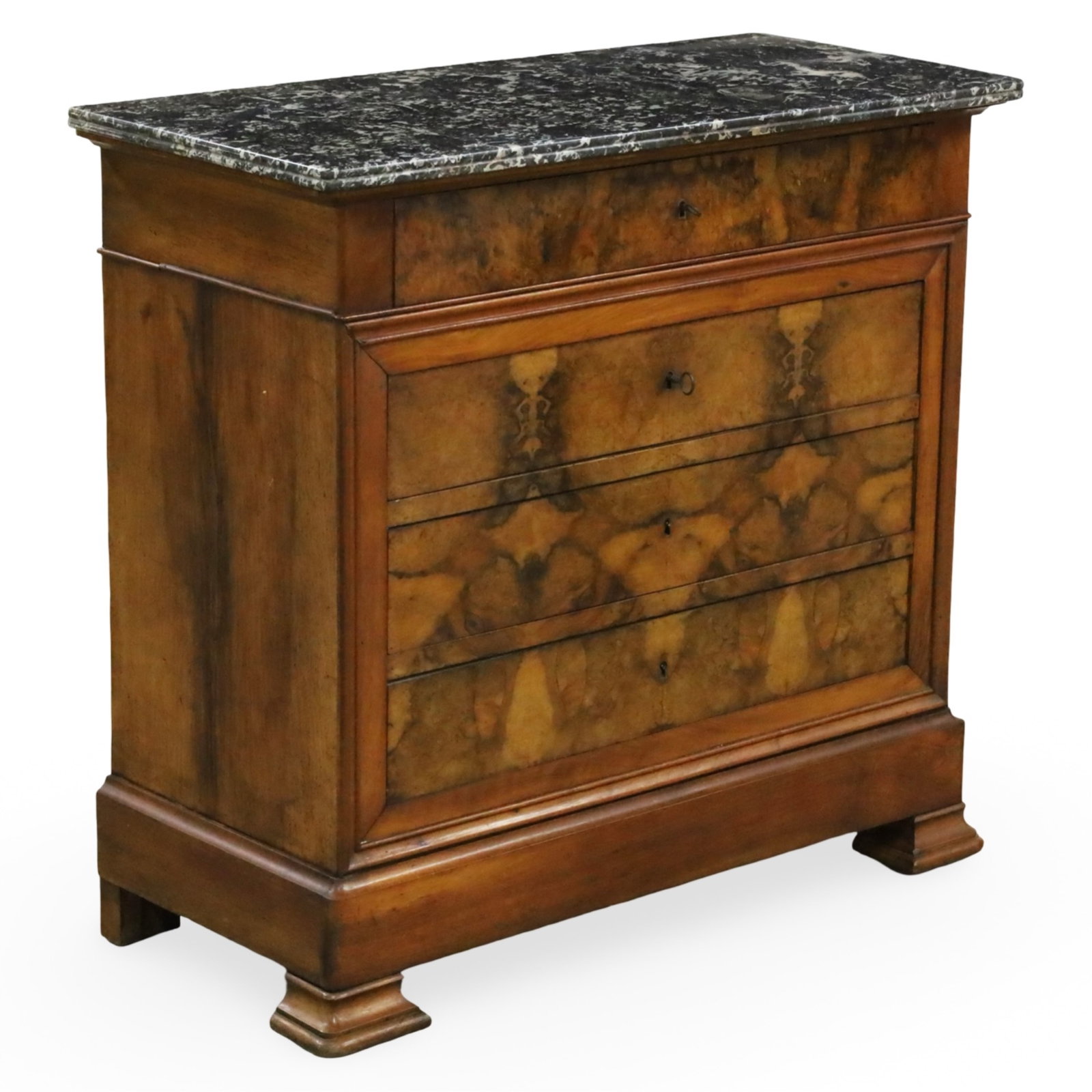 LOUIS PHILIPPE WALNUT COMMODE: Louis Philippe commode having molded edge marble top, the case with beautifully bookmatched walnut veneer; 36"H 38"W 17"D