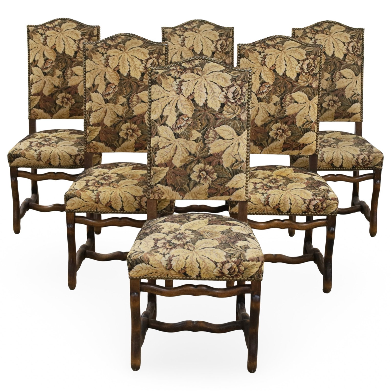 SET OF 6 LOUIS XIII STYLE OAK DINING CHAIRS: Set of six Louis XIII style oak dining chairs having floral embroidered upholstery with brass nailhead trim; each 43"H 18"W 18"D 19"seat