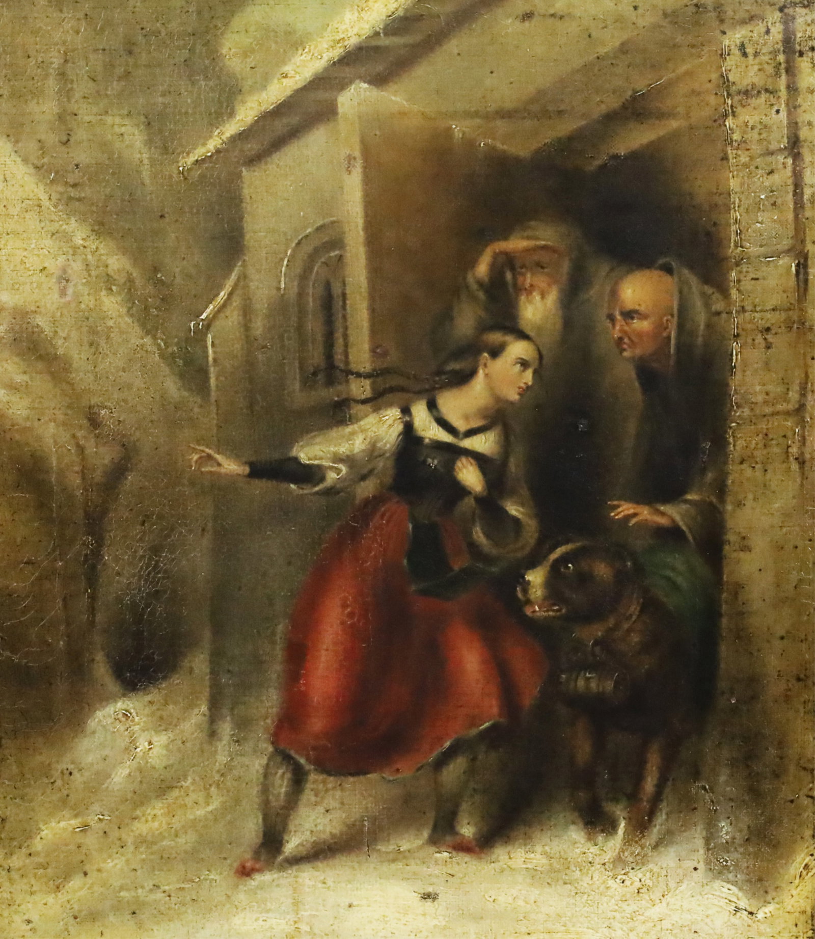 SIR EDWIN HENRY LADSEER (BRITISH, 1802-1873): Attributed to Sir Edwin Henry LANDSEER (1802-1873) RA (British)"Seeking Help." (title as purchased)."The St. Bernard Hospice Monestery on the Austrian-Italian Border" (titled verso).Oil on canvas,