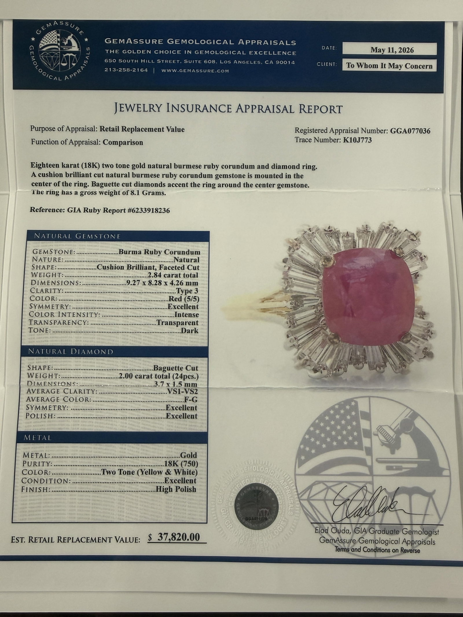 18K BURMESE RUBY AND DIAMOND RING,GIA - 8