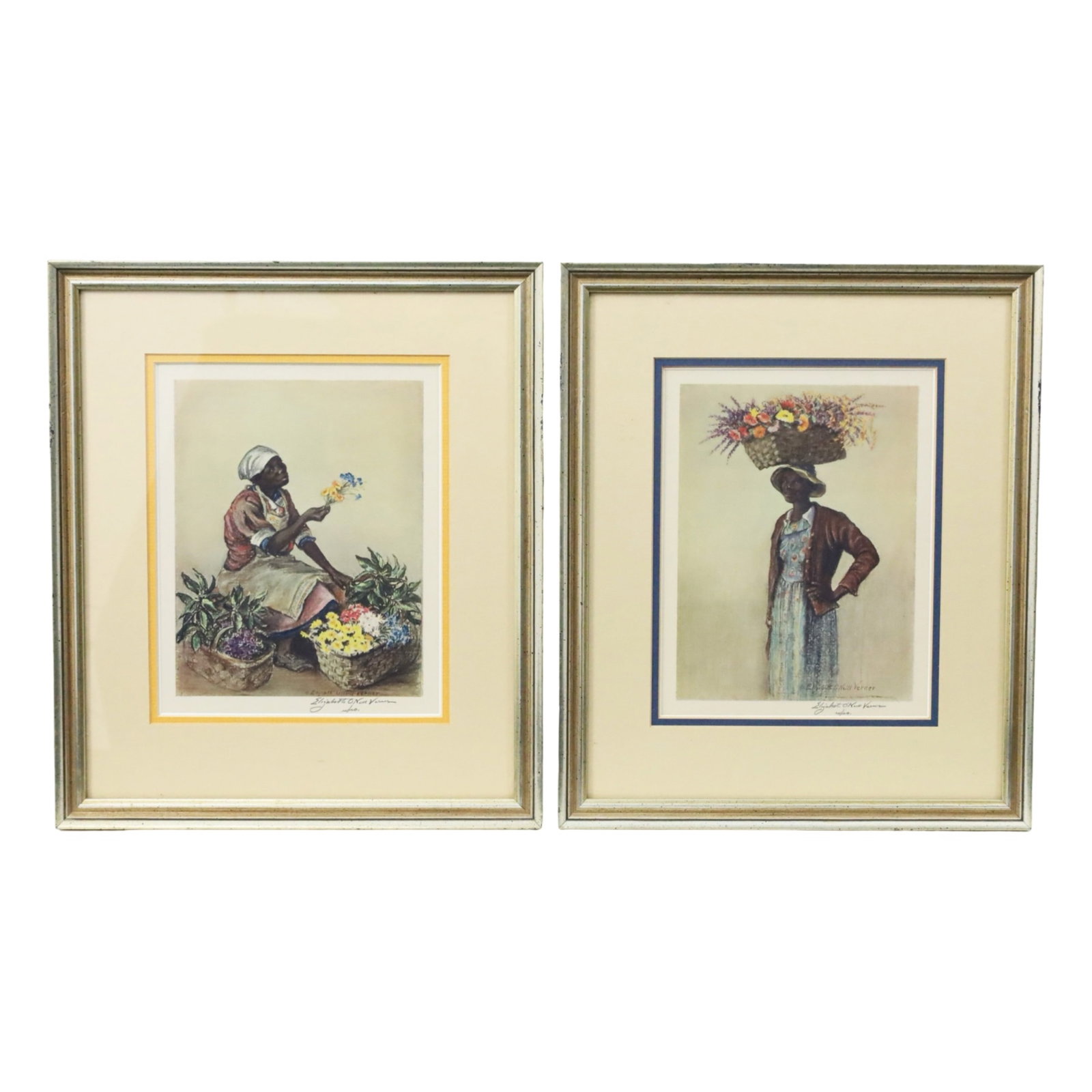 ELIZABETH O'NEILL VERNER (AMERICAN, 1883-1979): Pair of framed color lithographs of women with flower baskets, after pastel works of Charleston Renaissance artist Elizabeth O'Neil Verner (American, 1883-1979), both pencil signed by artist in