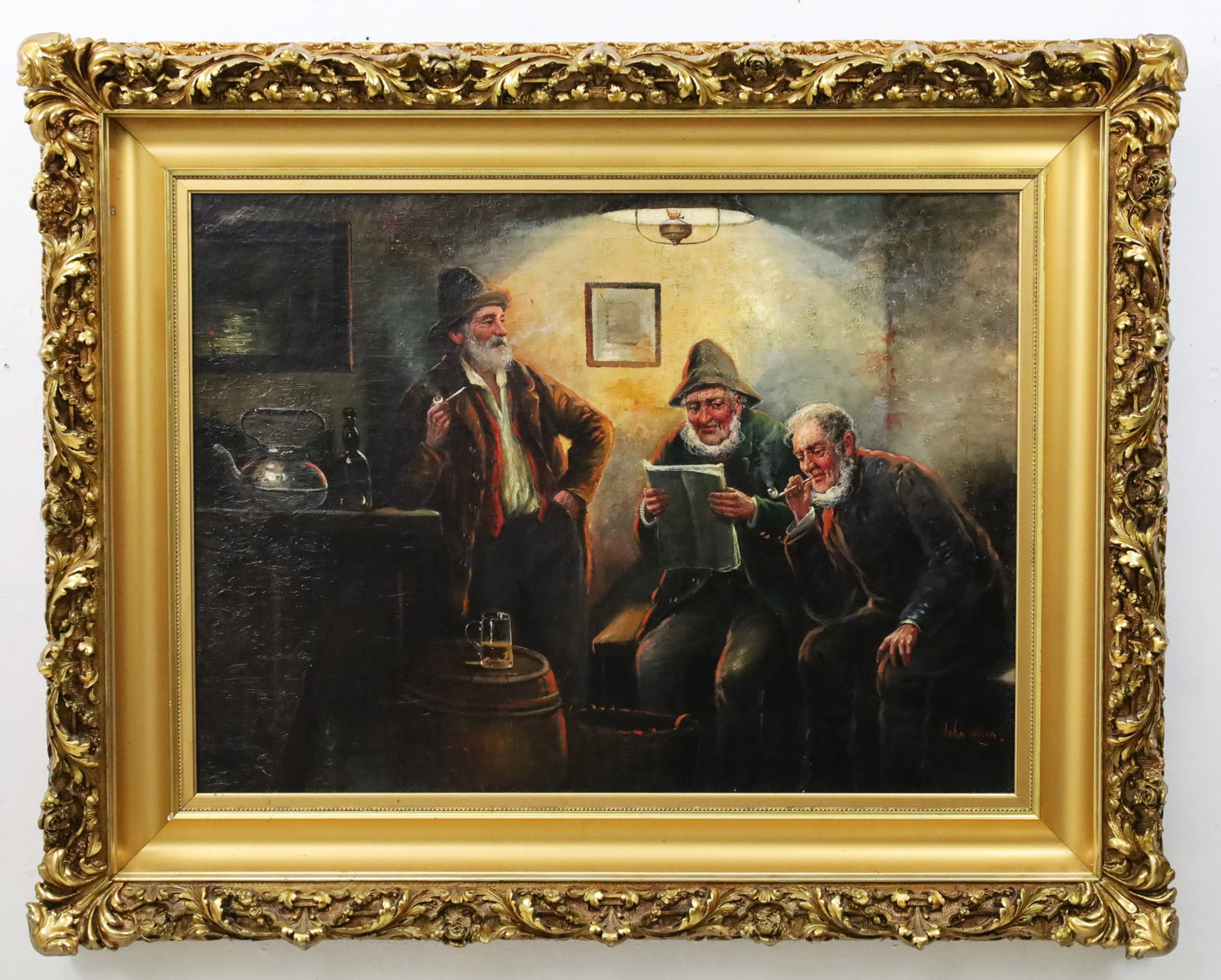 GERMAN SCHOOL OIL PTG, VILLAGE POLITICIANS,19TH C.: German school oil on canvs interior scene painting depicting three older gentleman reviewing recent events, signed John Adam? lower right, mounted in ornate giltwood frame, handwritten label on