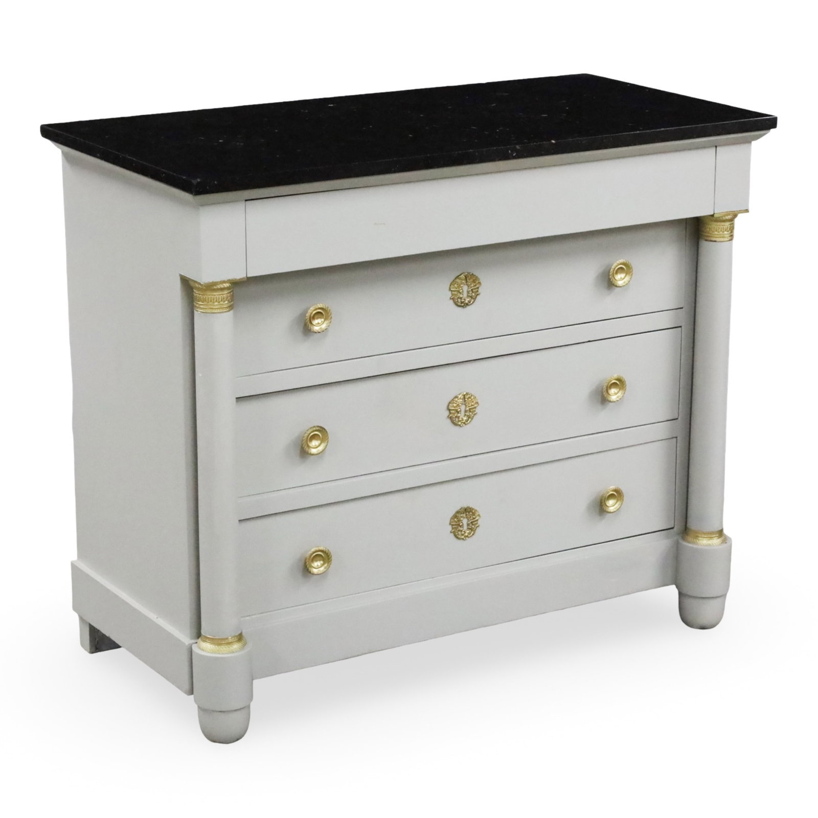 FRENCH EMPIRE PAINTED COMMODE, 19TH C.: French Empire style commode or chest of drawers having black marble top, the painted mahogany case with blind frieze drawer, brass fitted columns supporting three addtional lower drawers, 19th