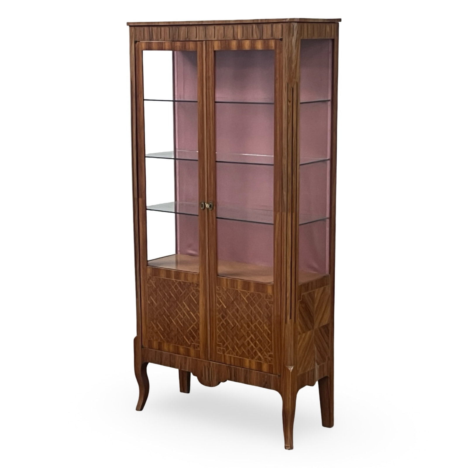 LOUIS XV STYLE VITRINE: Louis XV style vitrine or showcase cabinet having intricate oak marquetry inlay; 70"H 35"W 13"D