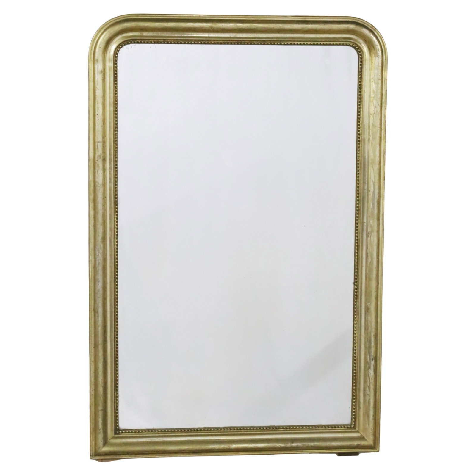 LOUIS PHILIPPE GILTWOOD MIRROR: Louis Philippe giltwood mirror, frame having an arched top with inner beaded border; 48"H 32"W; Condition: applied shim block feet to underside of frame, see photos
