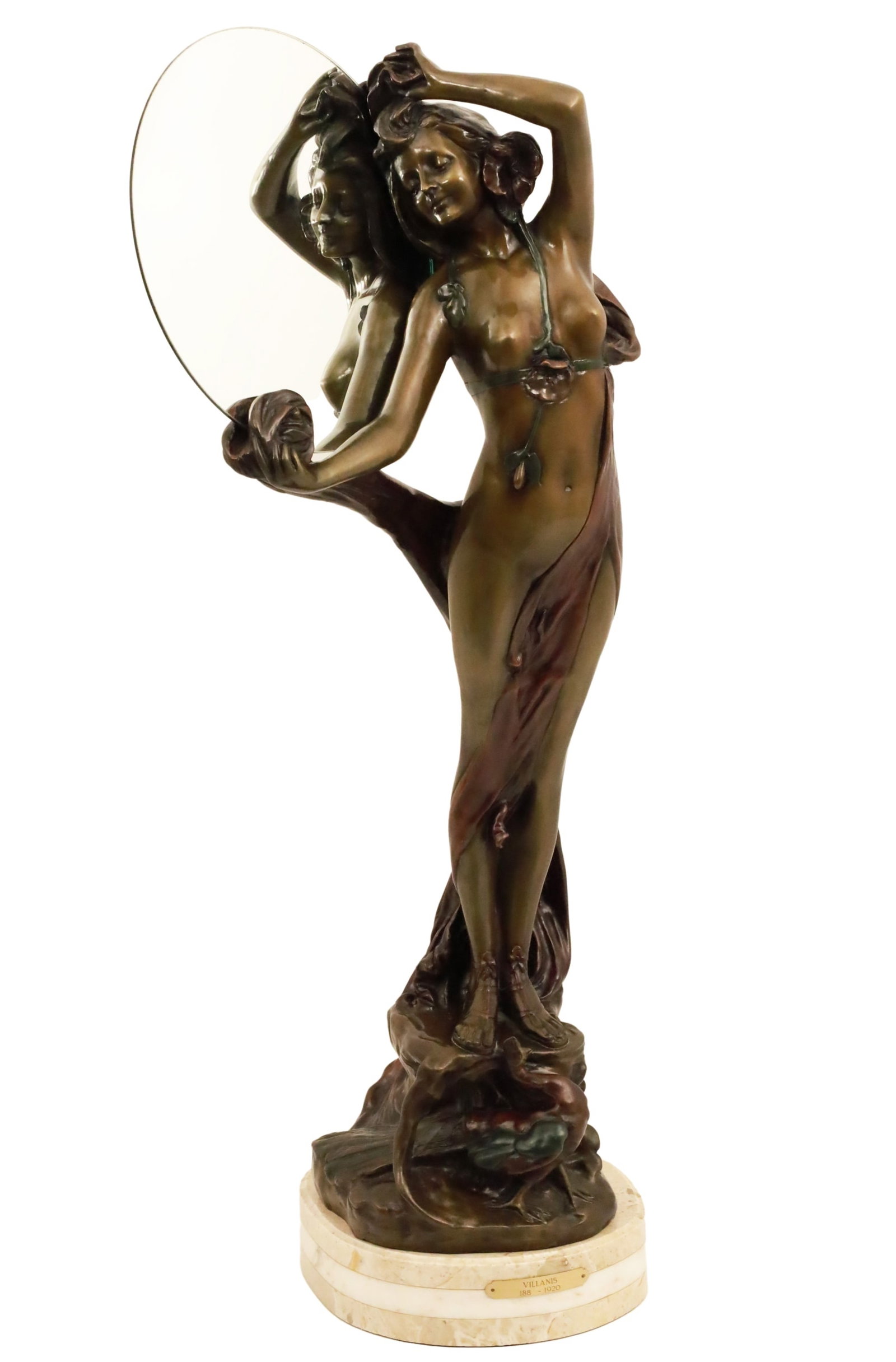 ART NOUVEAU BRONZE, AFTER VILLANIS: Elegant Art Nouveau bronze sculpture of a scantily clad forest nymph admiring her beauty in a looking glass, a peacock below her feet, a fine quality recast after a model by Emmanuel Villanis