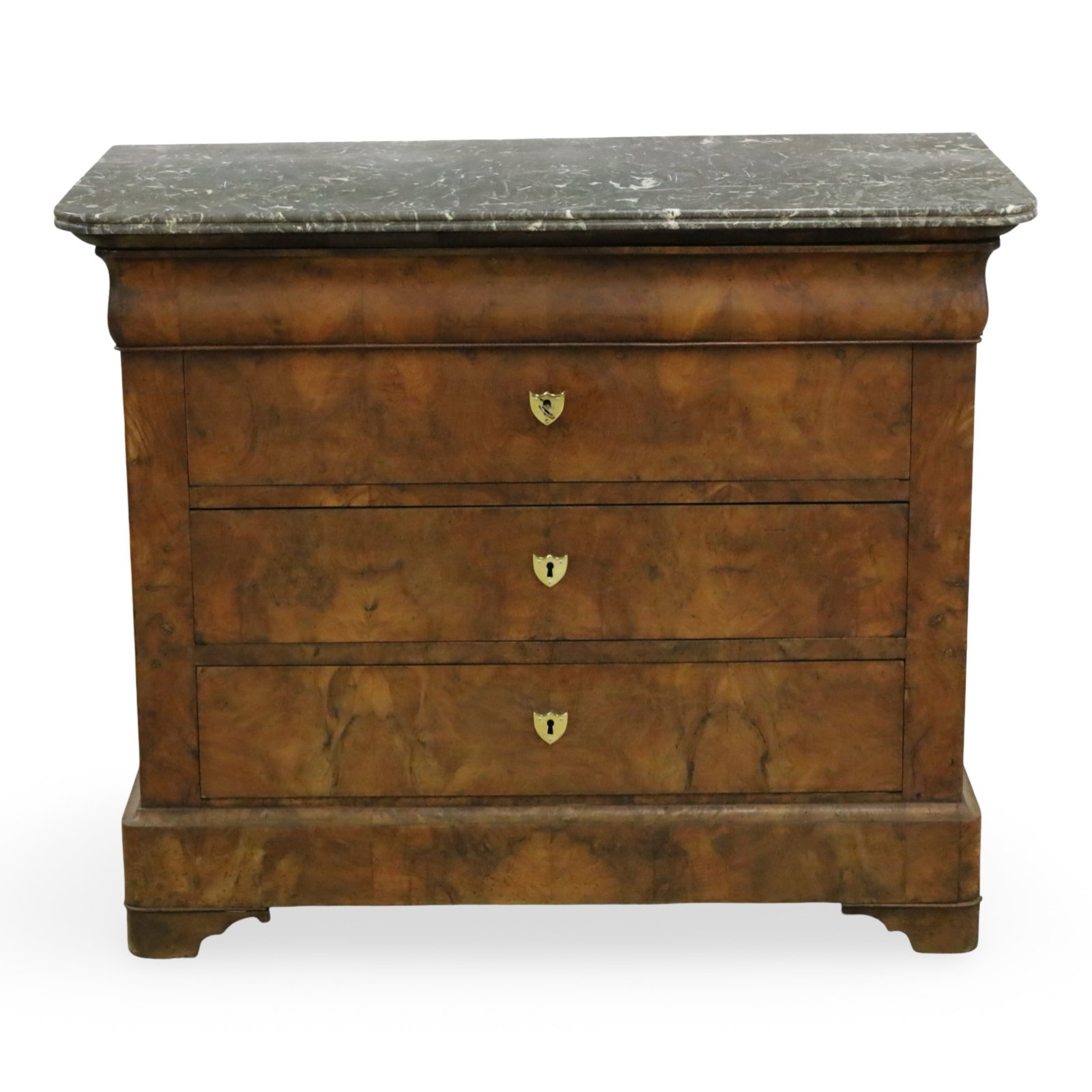 LOUIS PHILIPPE BURL WALNUT COMMODE: Louis Philippe commode or chest of drawers, having a grey marble top with molded edge, the burl walnut case with blind frieze drawer above three additional drawers; 35"H 43.5"H 21"D