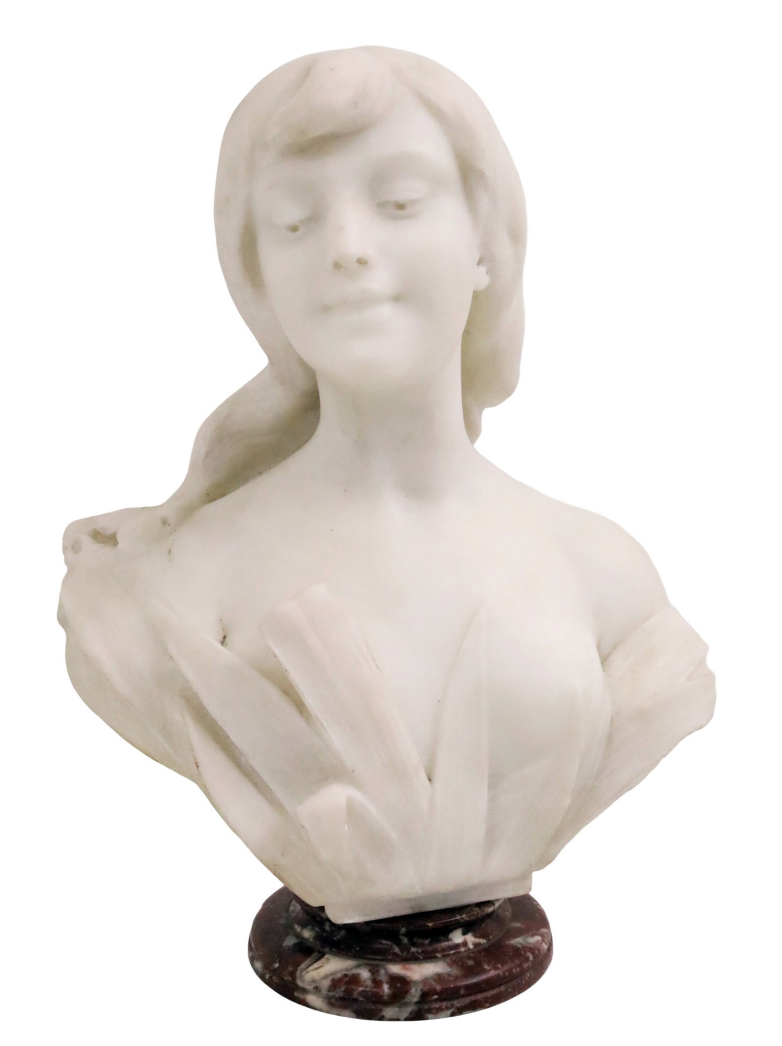 FRENCH NOUVEAU MARBLE BUST OF YOUNG BEAUTY: French Nouveau white marble bust of young beauty, resting on circular rouge marble foot, incised by artist on reverse; 18"H 13"W 6" base