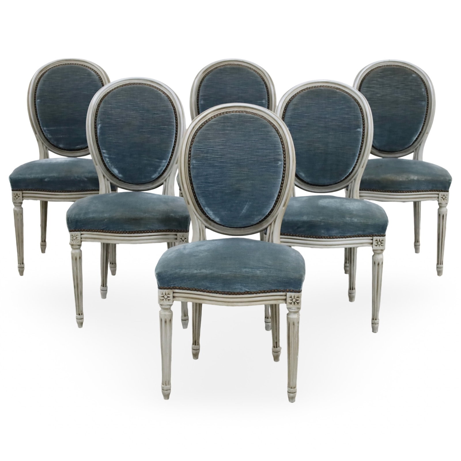 SET OF 6 LOUIS XVI STYLE DINING CHAIRS: Set of six Louis XVI style dining chairs, carved oak frames with oval backs and distressed white painted finish, covered with pale blue velvet upholstery; 36"H 19"W 16"D 19" seat