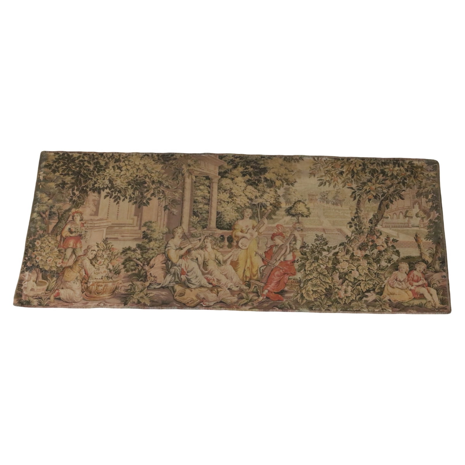 FRENCH JACQUARD TAPESTRY, LE DEJEUNER DANS LA COUR: French Jacquard woven tapestry, depicting musicians and attendants preparing for a courtyard luncheon, early 20th century; 34"H 85"L