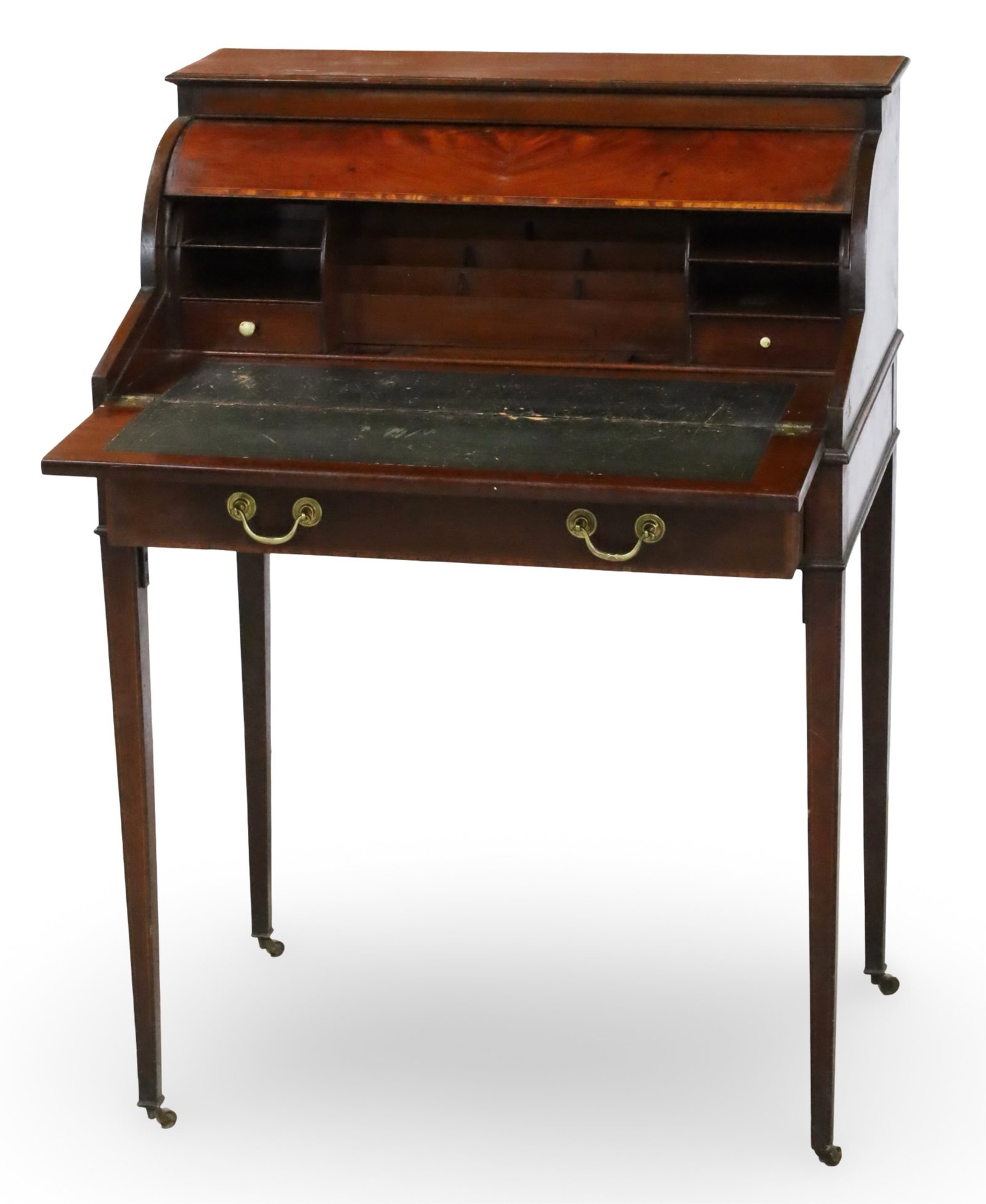 FRENCH MAHOGANY LADIES BUREAU: French mahogany ladies bureau, having barrel and fall front secretaire with fitted interior and leather writing surface, raised on tapered legs, resting on caster feet; 41"H 30"W 20"D