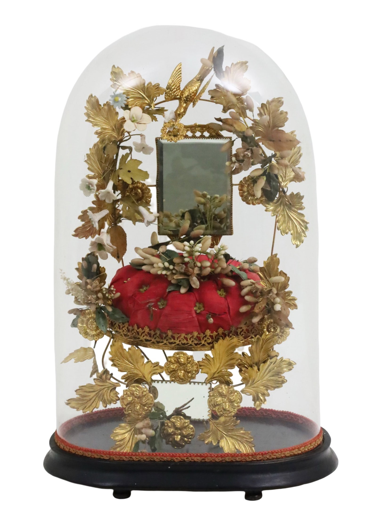 NAPOLEAN III MARRIAGE DOME: Napolean III globe de mariee or marriage dome, featuring gilded foliate and bird decoration atop a red velvet presentation cushion, enclosed in a glass cloche; 20.5"H 13"W 8"D