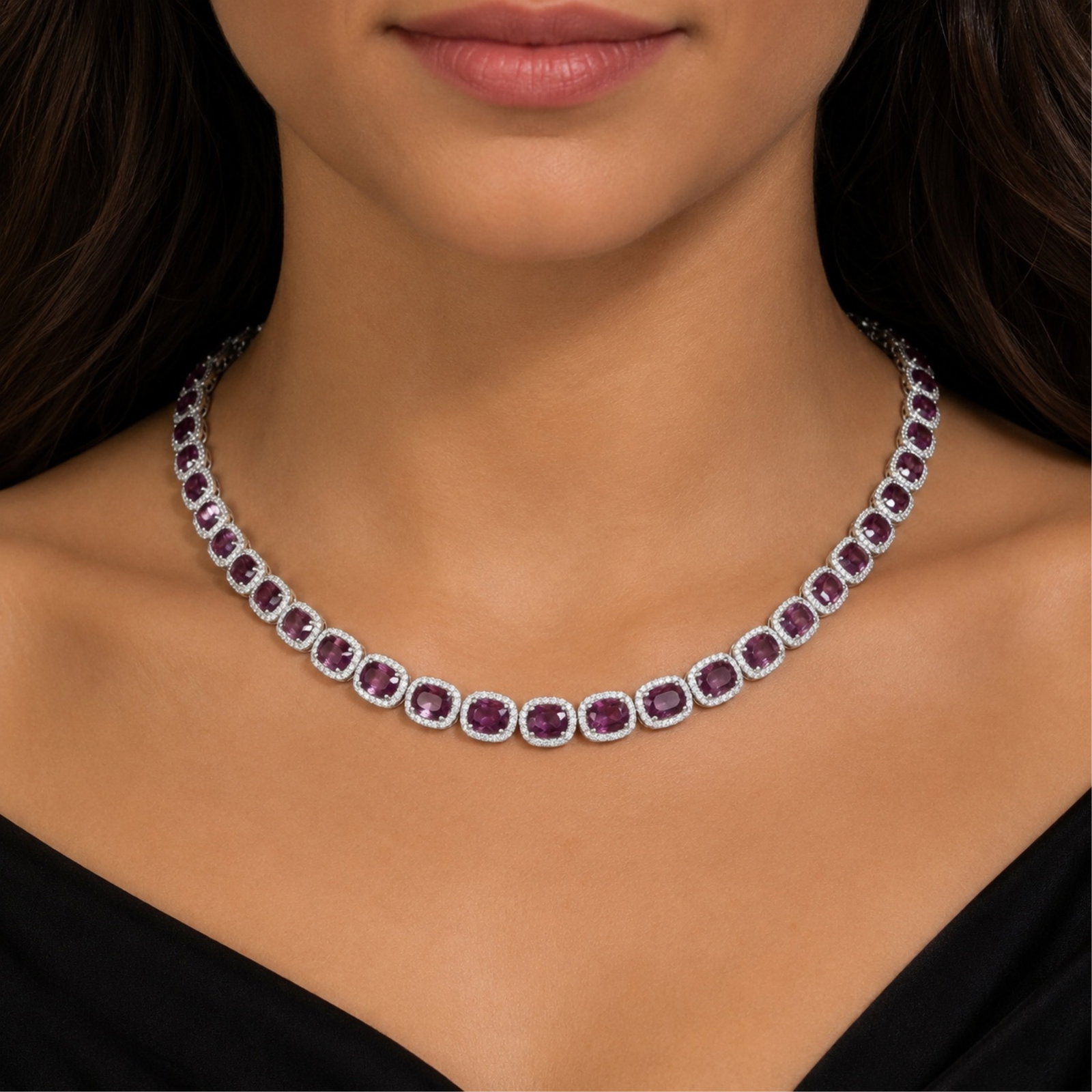 PLATINUM GIA SAPPHIRE AND DIAMOND NECKLACE: Platinum unheated kashmir sapphire and diamond necklace with GIA. Cushion and oval brilliant natural sapphires weighing 40.61cts in purple pink natural color . 7.01cts of round billian diamonds VS1-VS
