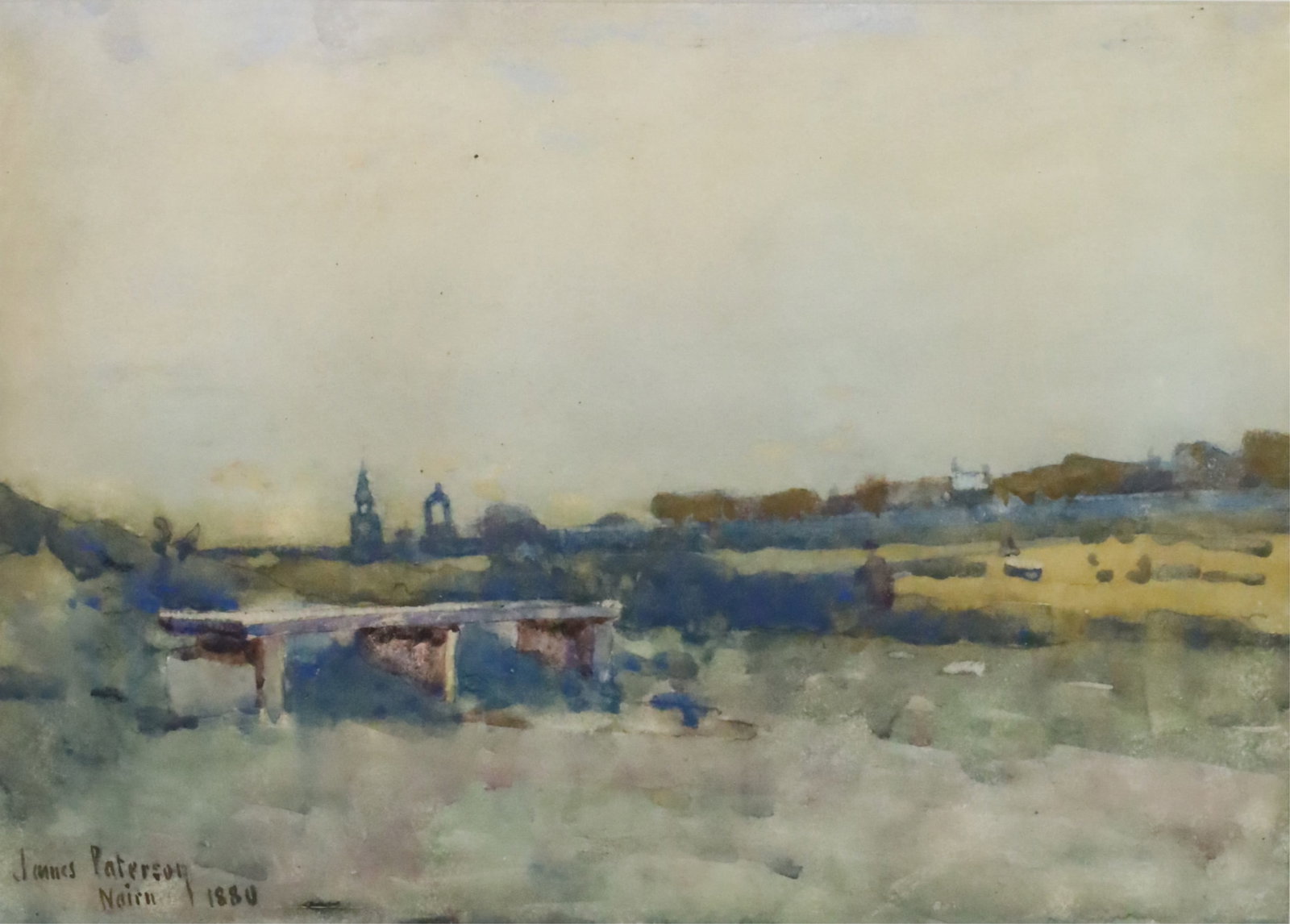 JAMES PATERSON, PRSW RSA RWS (SCOTTISH, 1854-1932): James PATERSON (Scottish, 1854-1932) PRSW RSA RWS "Nairn" Watercolour on paper, matted behind conservation glass: in modern frame.Signed, titled and dated 1880. 19"H 26"W overallProvenance: Purchased