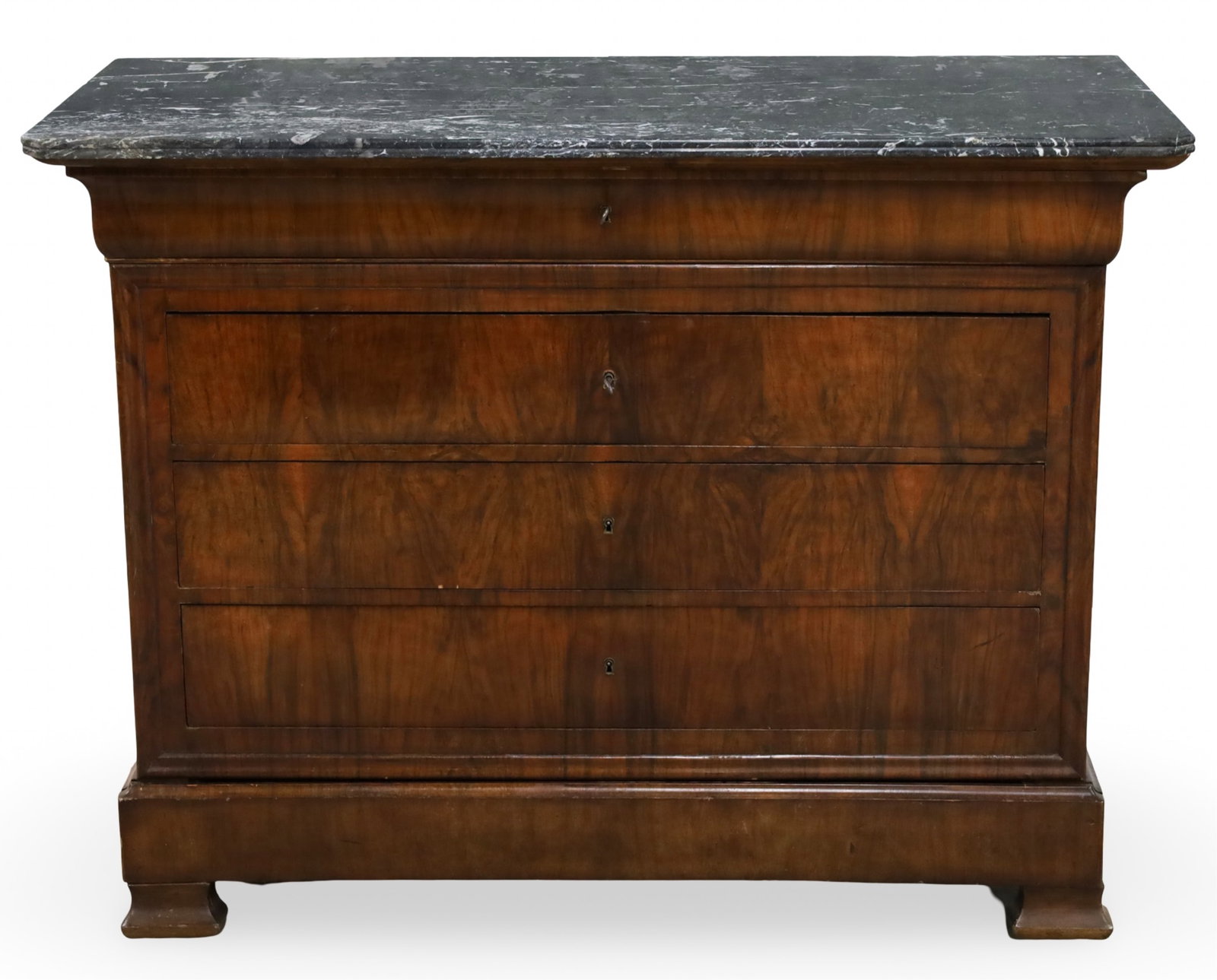 LOUIS PHILIPPE MAHOGANY COMMODE: Louis Philippe commode having a variegated marble top, the case with well grained bookmatched mahogany, blind frieze and plinth drawers, along with three additional middle drawers, 36"H 46"W 20"D
