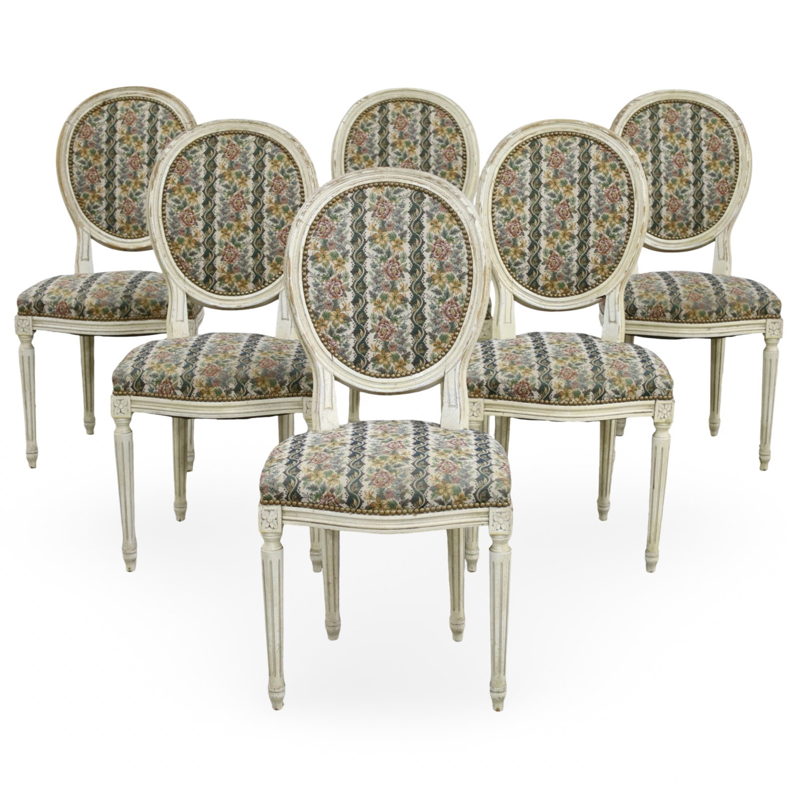 SET OF 6 LOUIS XVI STYLE DINING CHAIRS: Set of six Louis XVI style dining chairs, carved oak frames with distressed white painted finish; 37.5"H 18"W 16"D 19" seat