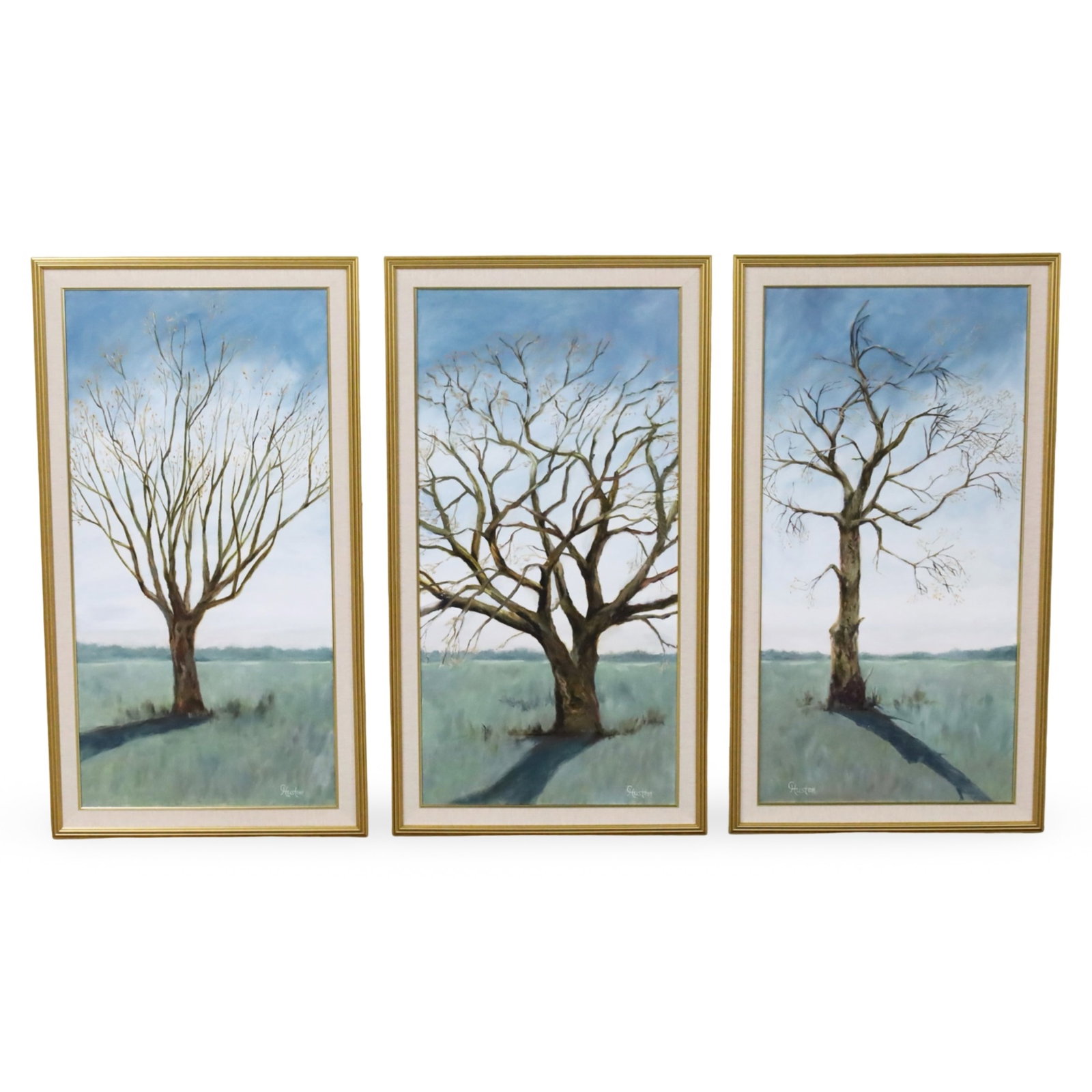 TRIPTYCH OF OIL PAINTINGS, CYNTHIA HUSTON: Triptych of large oil paintings depicting budding oak trees at spring sunrise, the ensemble by Charleston, South Carolina artist Cynthia Huston, signed at lower; each 54"H 30"W overall
