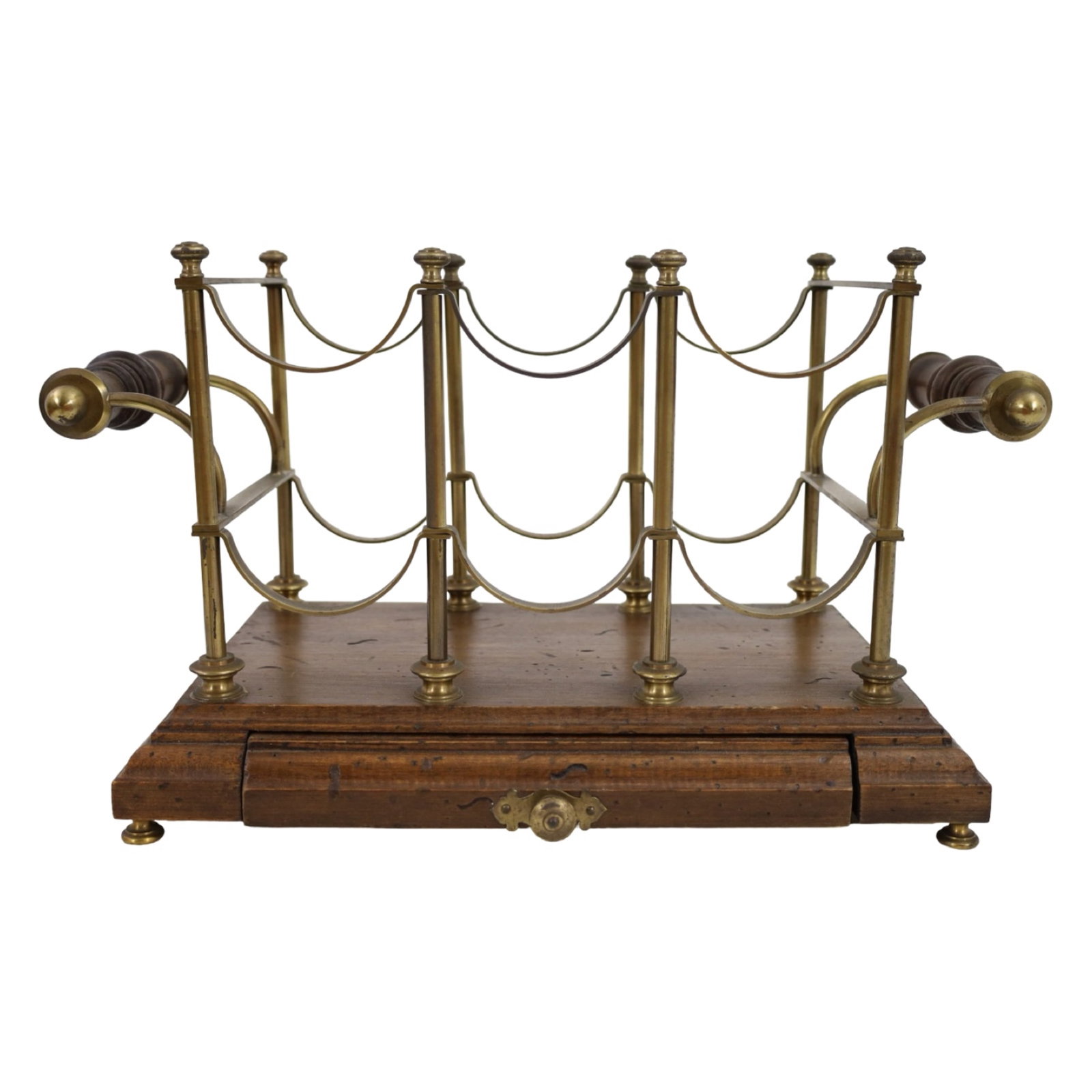 REGENCY STYLE BRASS GALLERY WINE STAND: Regency style walnut wine stand featuring a brass gallery with draped swag decoration above a rectangular platform fitted with a concealed frieze drawer and turned side carrying handles. Raised on