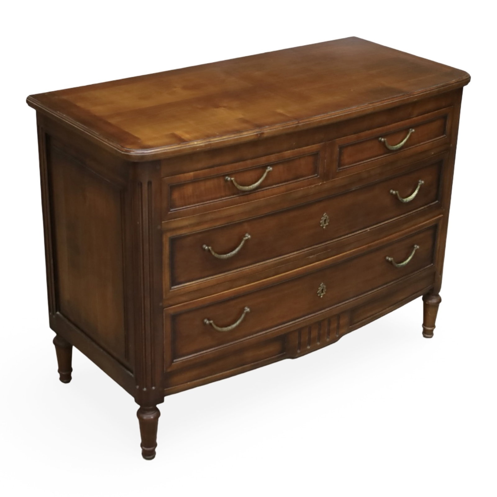 FRENCH PROVINCIAL THREE-DRAWER CHEST: French Provincial walnut chest with three drawers fitted with brass pulls, raised on short cabriole legs. Measures 45"W x 21"D x 34"H.